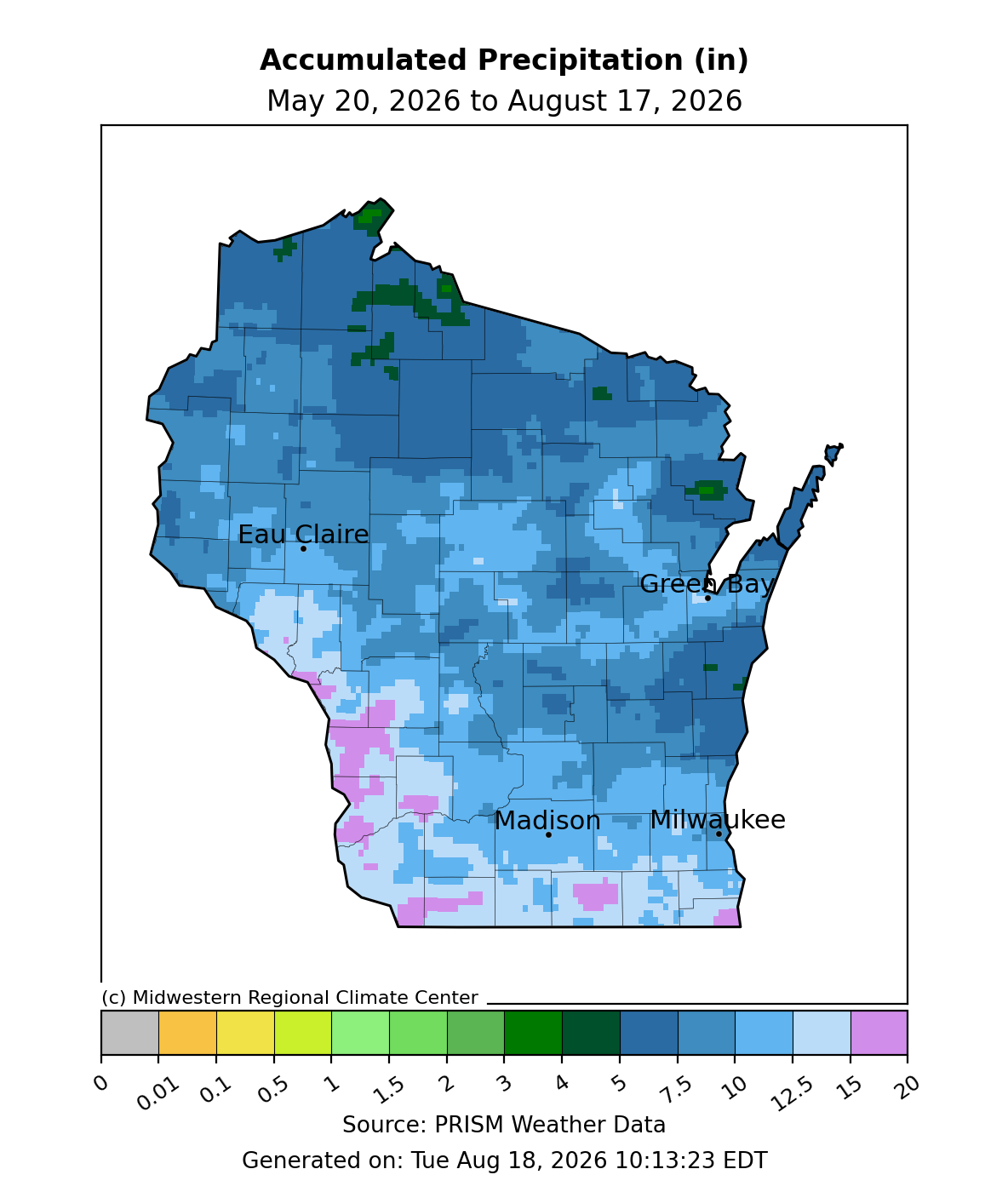 Wisconsin map showing total accumulated precipitation in inches from May 20 to August 17, 2026.