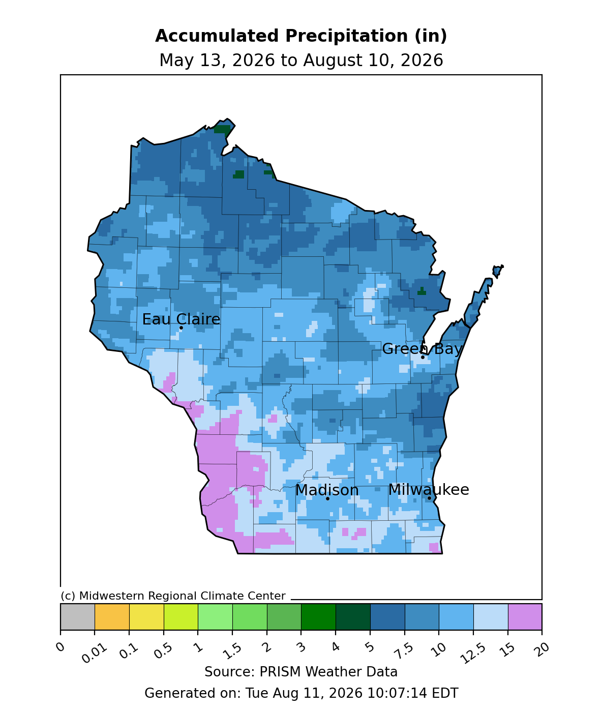 Map of Wisconsin 90-day total accumulated precipitation in inches from May 13 to August 10, 2026. Image description below.