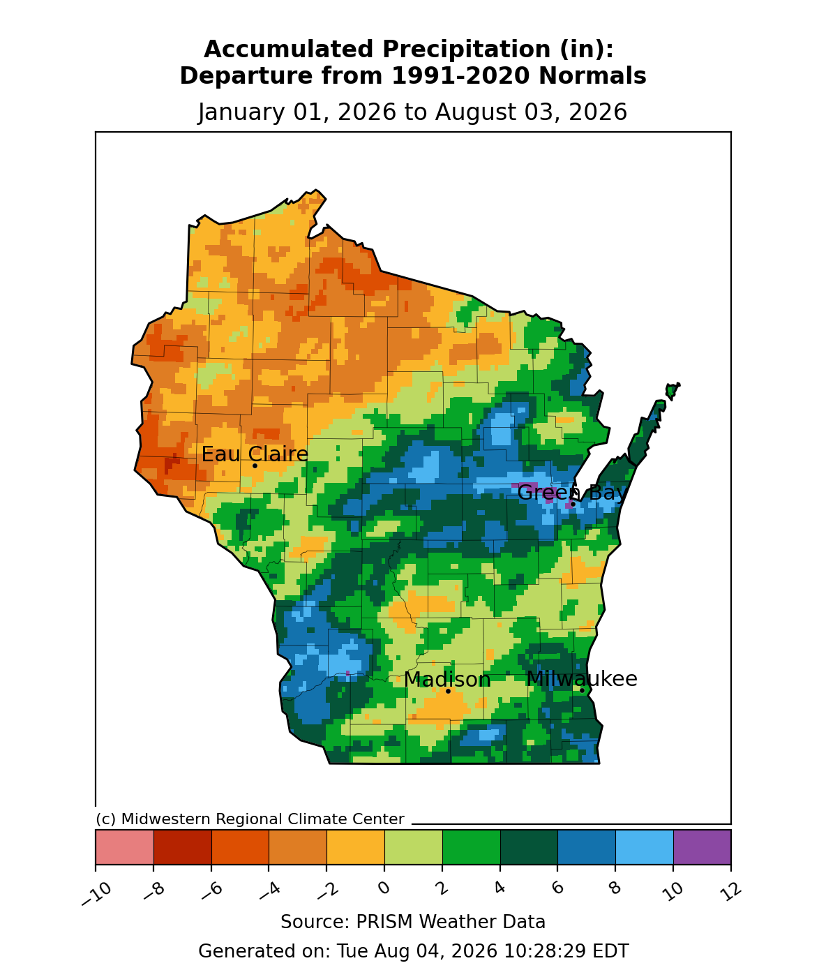 Map of Wisconsin precipitation departure from normal, Jan 1–Aug 3, 2026; north dry, southwest/northeast wet. Image description below.