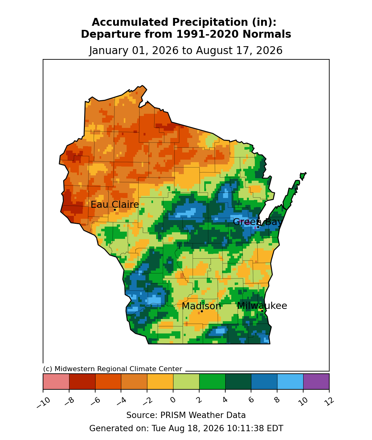 Wisconsin map showing precipitation departure in inches from 1991–2020 normals from January 1 to August 17, 2026.