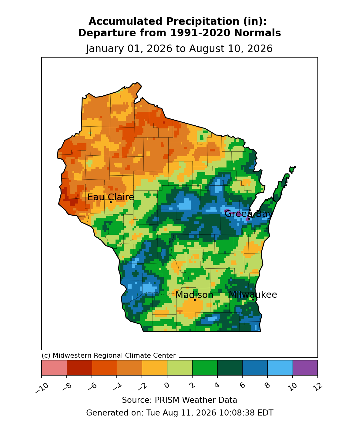 Map of Wisconsin accumulated precipitation departure from normal in inches (Jan 1 - Aug 10, 2026).