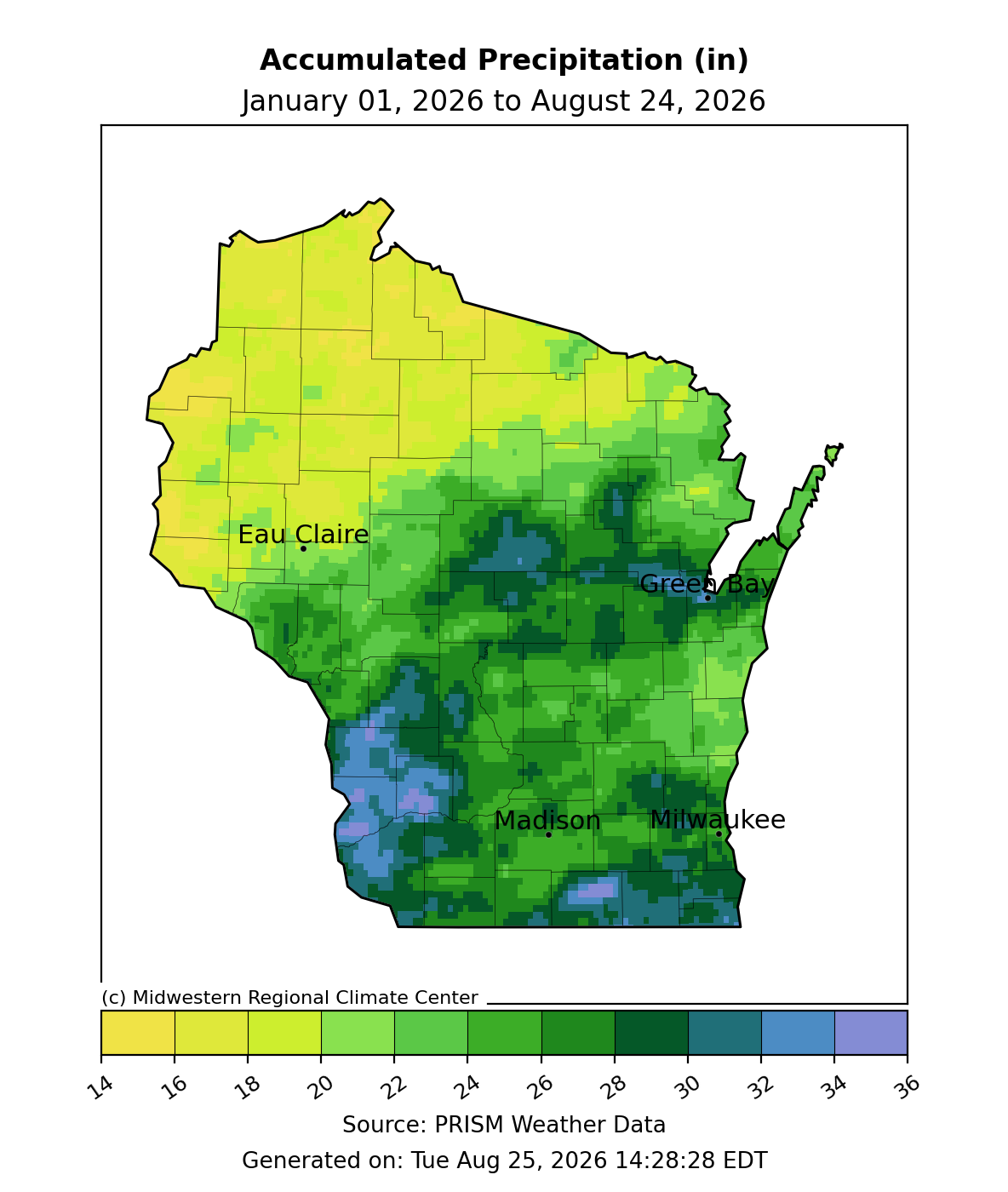 Map showing Wisconsin total accumulated precipitation in inches from January 1, 2026 to August 24, 2026.