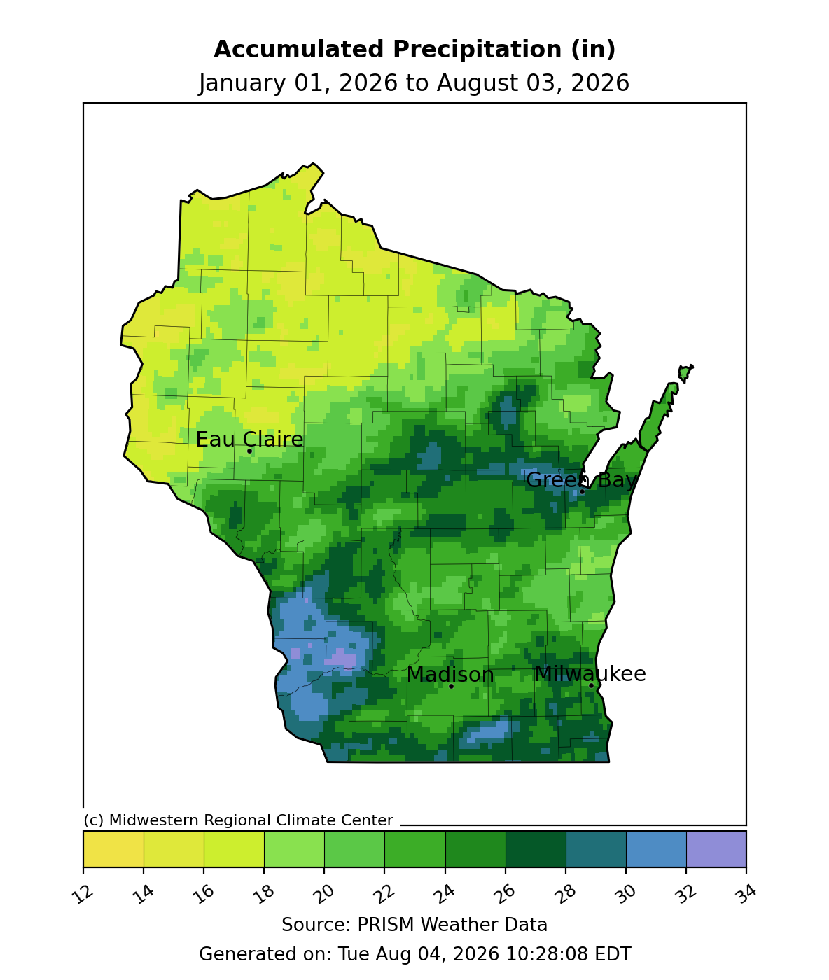 Map of Wisconsin accumulated precipitation, Jan 1–Aug 3, 2026, ranging 12–34+ in. Image description below.