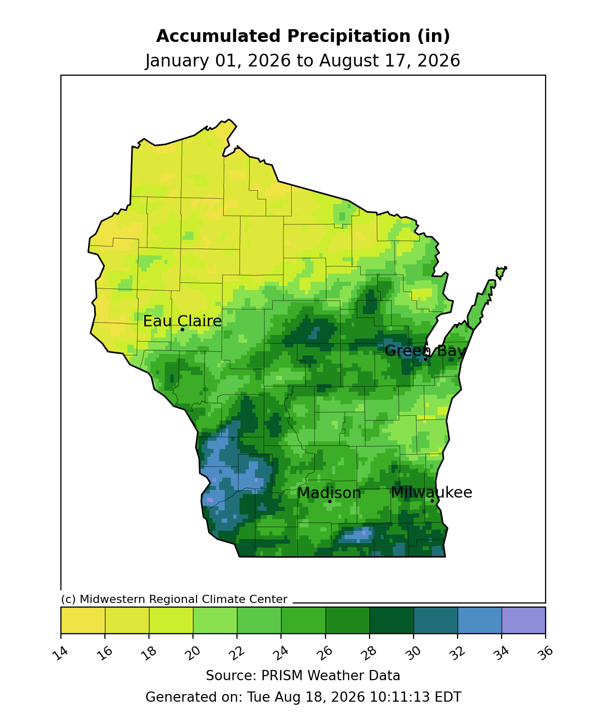 Wisconsin map showing total accumulated precipitation in inches from January 1 to August 17, 2026.