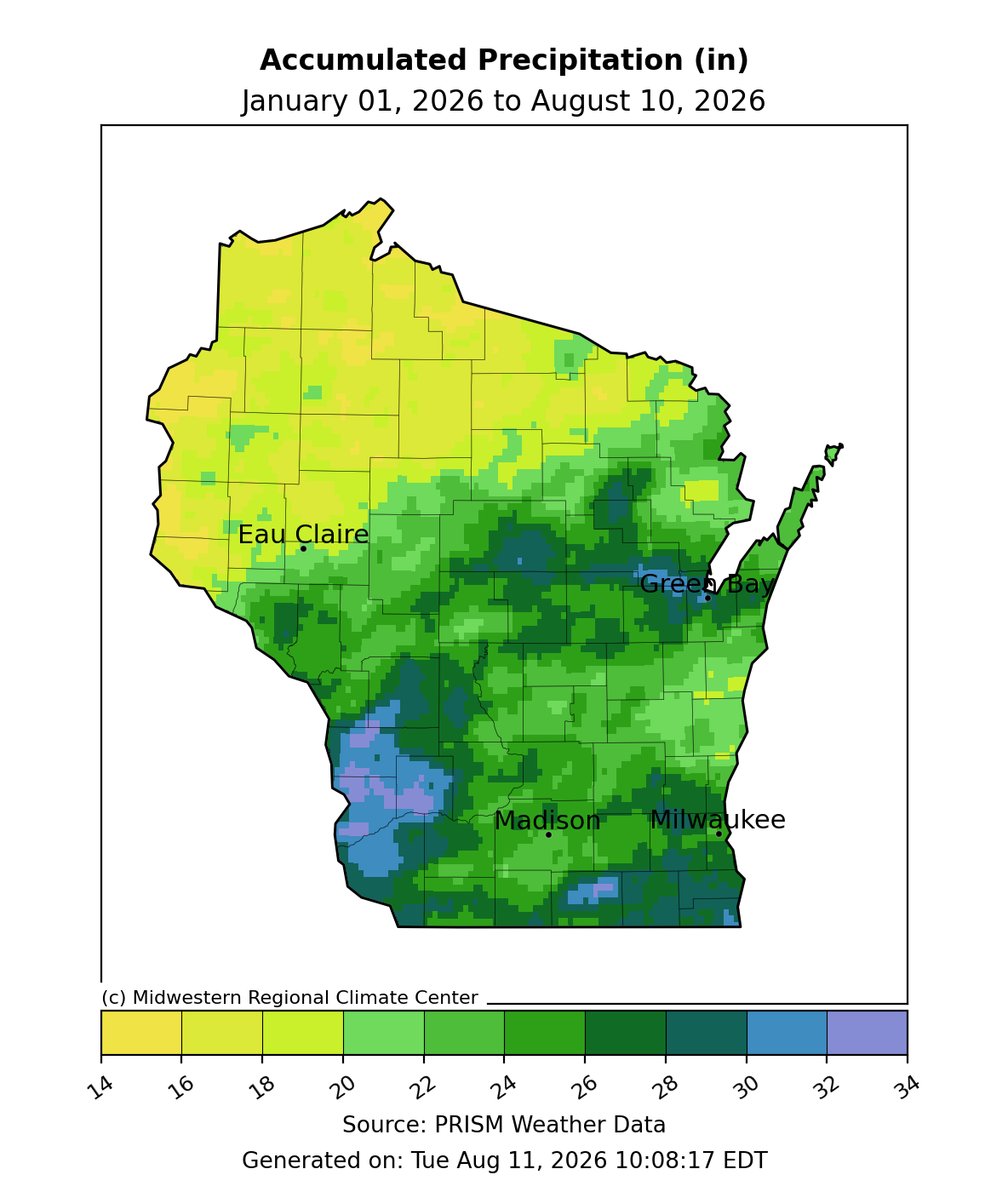 Map of year-to-date total accumulated precipitation in inches across Wisconsin (Jan 1 - Aug 10, 2026). 