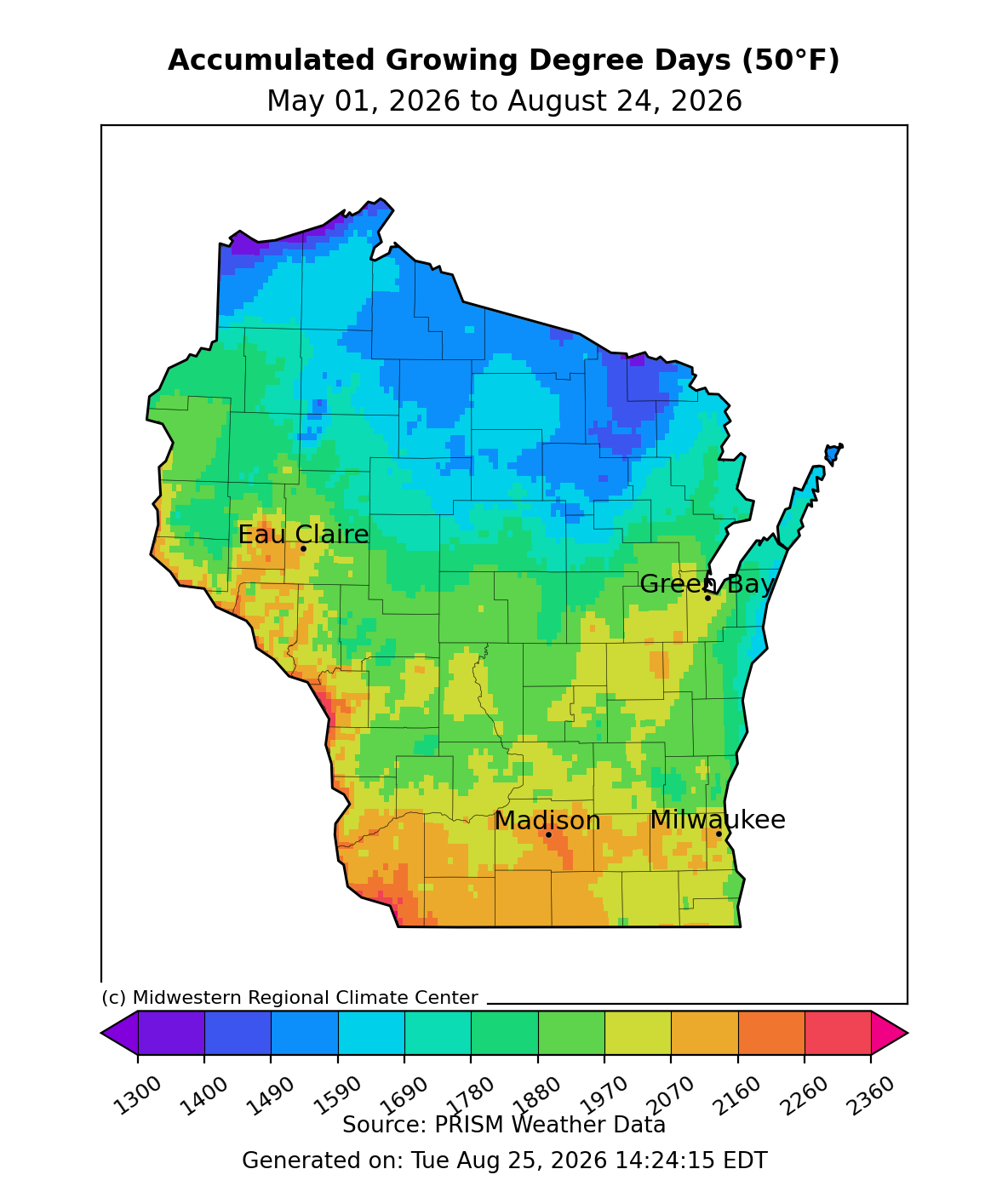 Map of Wisconsin showing accumulated growing degree days (50°F) from May 01, 2026 to August 24, 2026.