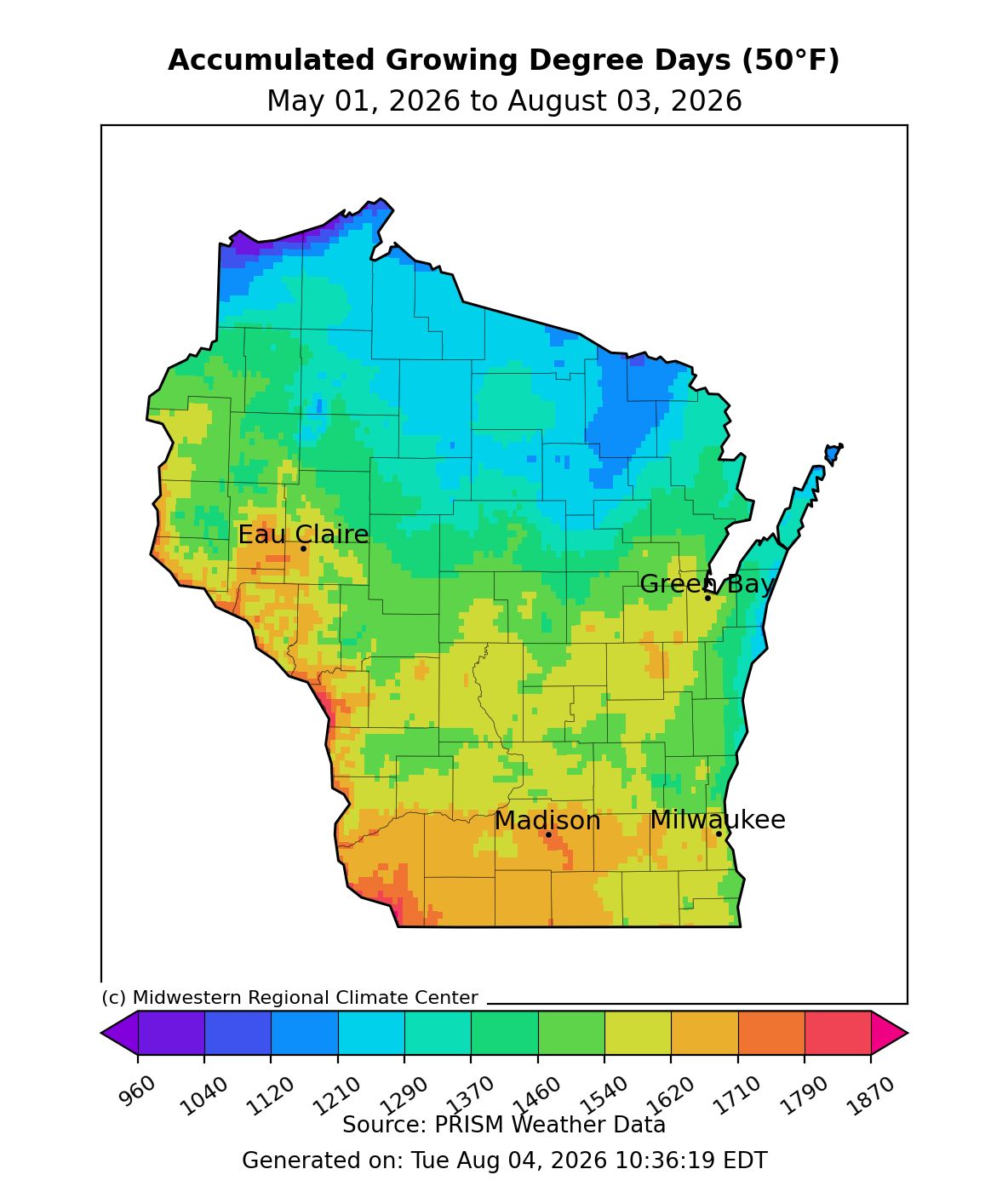 Wisconsin map of accumulated growing degree days (50°F), May 1–Aug 3, 2026, ranging ~960 in far north to ~1870 in southwest. Image description below.