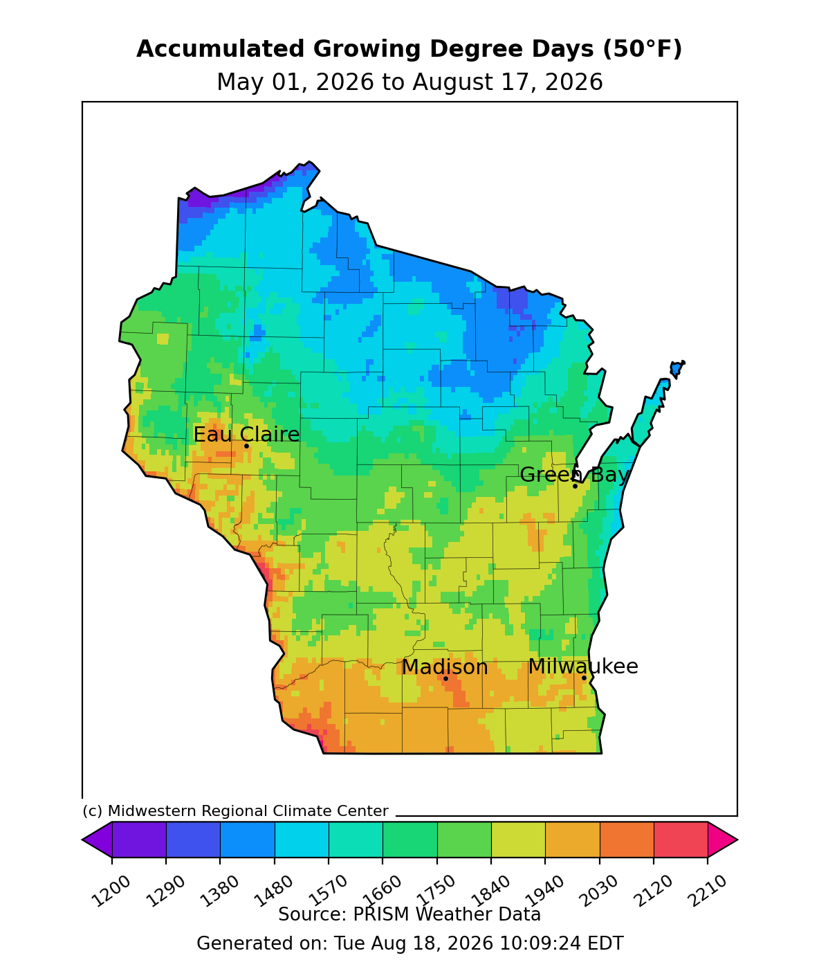 Wisconsin map showing accumulated growing degree days (base 50°F) from May 1 to August 17, 2026.