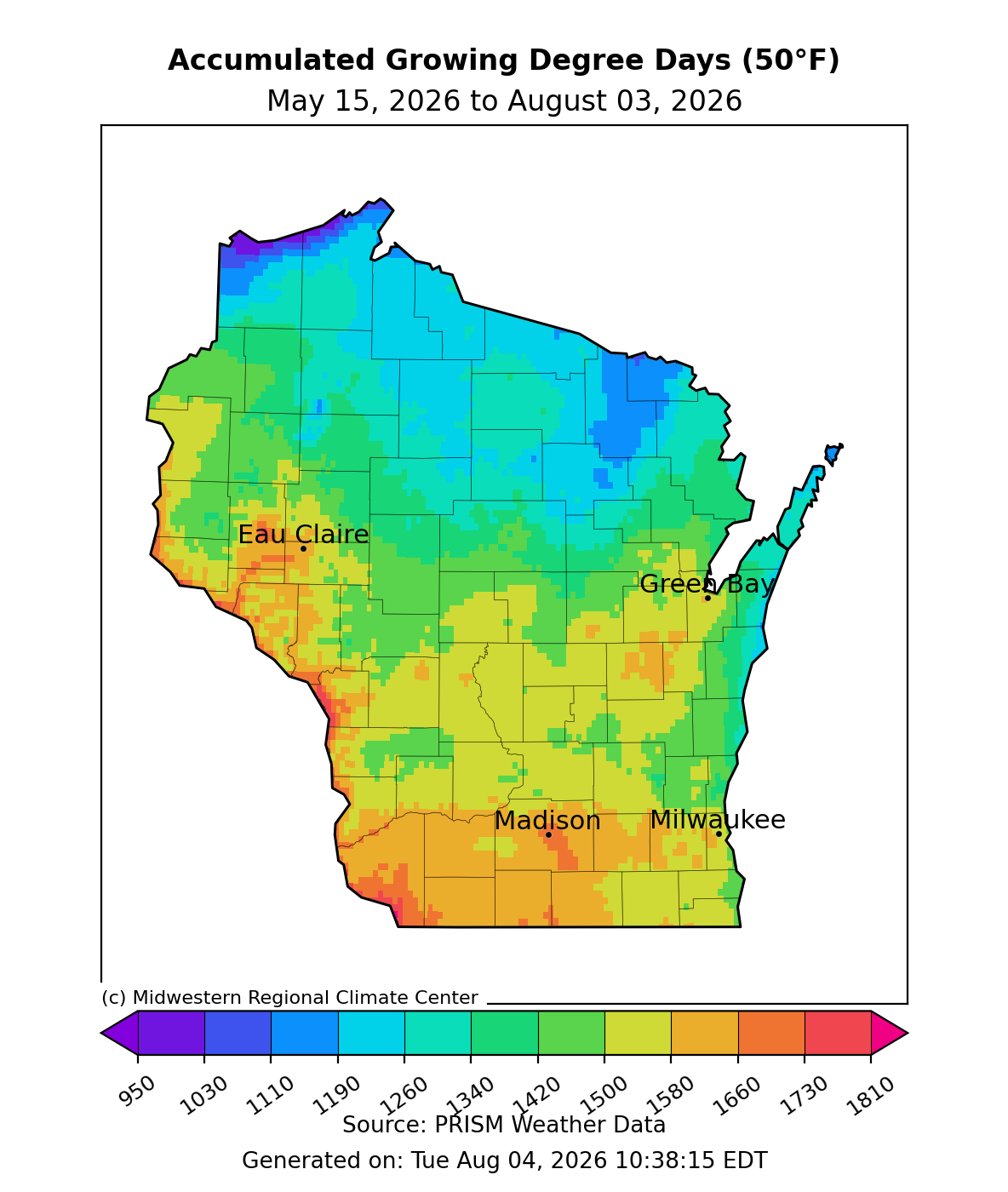 Wisconsin map, accumulated Growing Degree Days (50°F), May 15–Aug 3, 2026, ranging ~950 north to ~1810 south. Image description below.