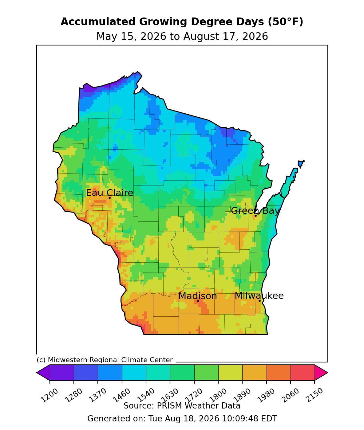 Wisconsin map showing accumulated growing degree days (base 50°F) from May 15 to August 17, 2026.