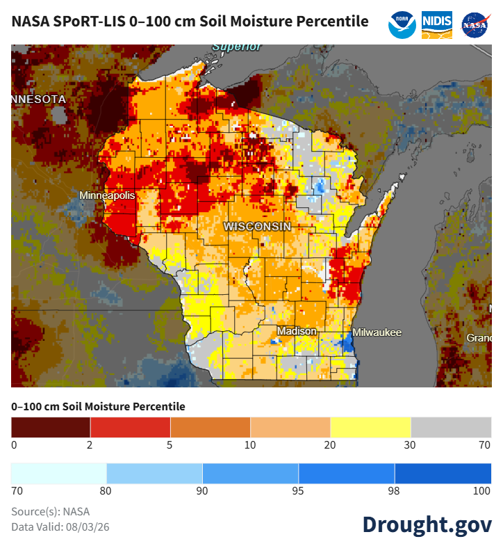  NASA SPoRT-LIS map showing 0 to 100 cm soil moisture percentiles across Wisconsin on August 3, 2026.