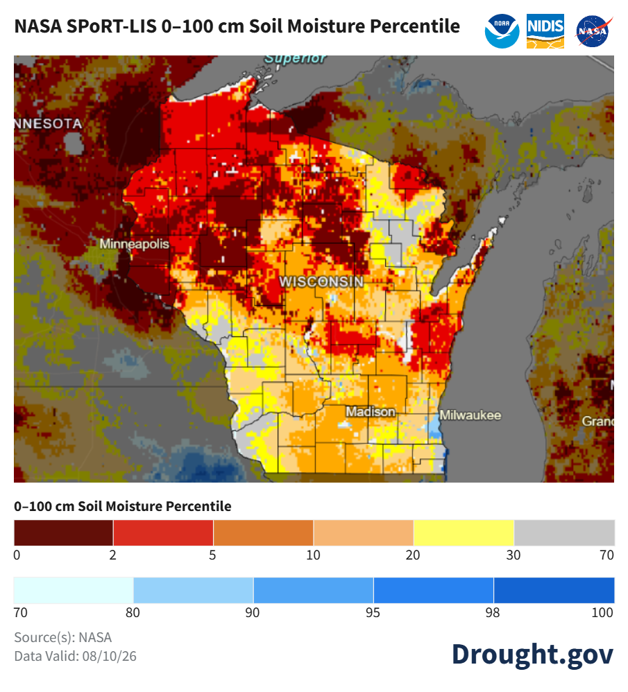 NASA SPoRT-LIS 0–100 cm Soil Moisture Percentile map for Wisconsin valid August 10, 2026.