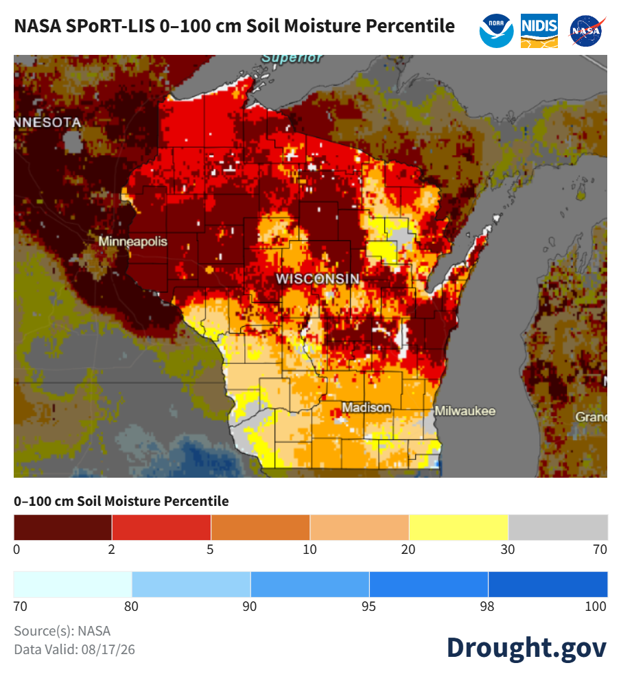 NASA SPoRT-LIS 0–100 cm Soil Moisture Percentile map for Wisconsin valid August 17, 2026.
