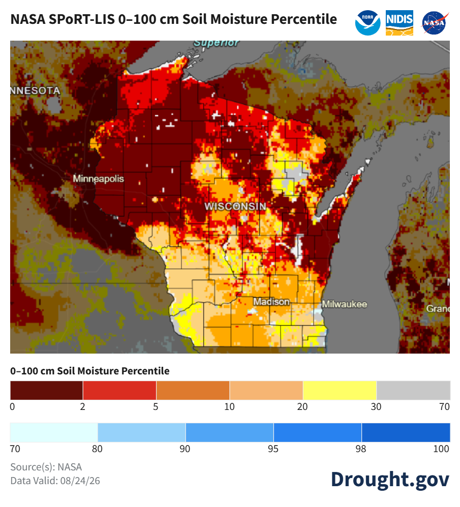 NASA SPoRT-LIS map of Wisconsin soil moisture percentiles for 0 to 100 cm depth, valid August 24, 2026.