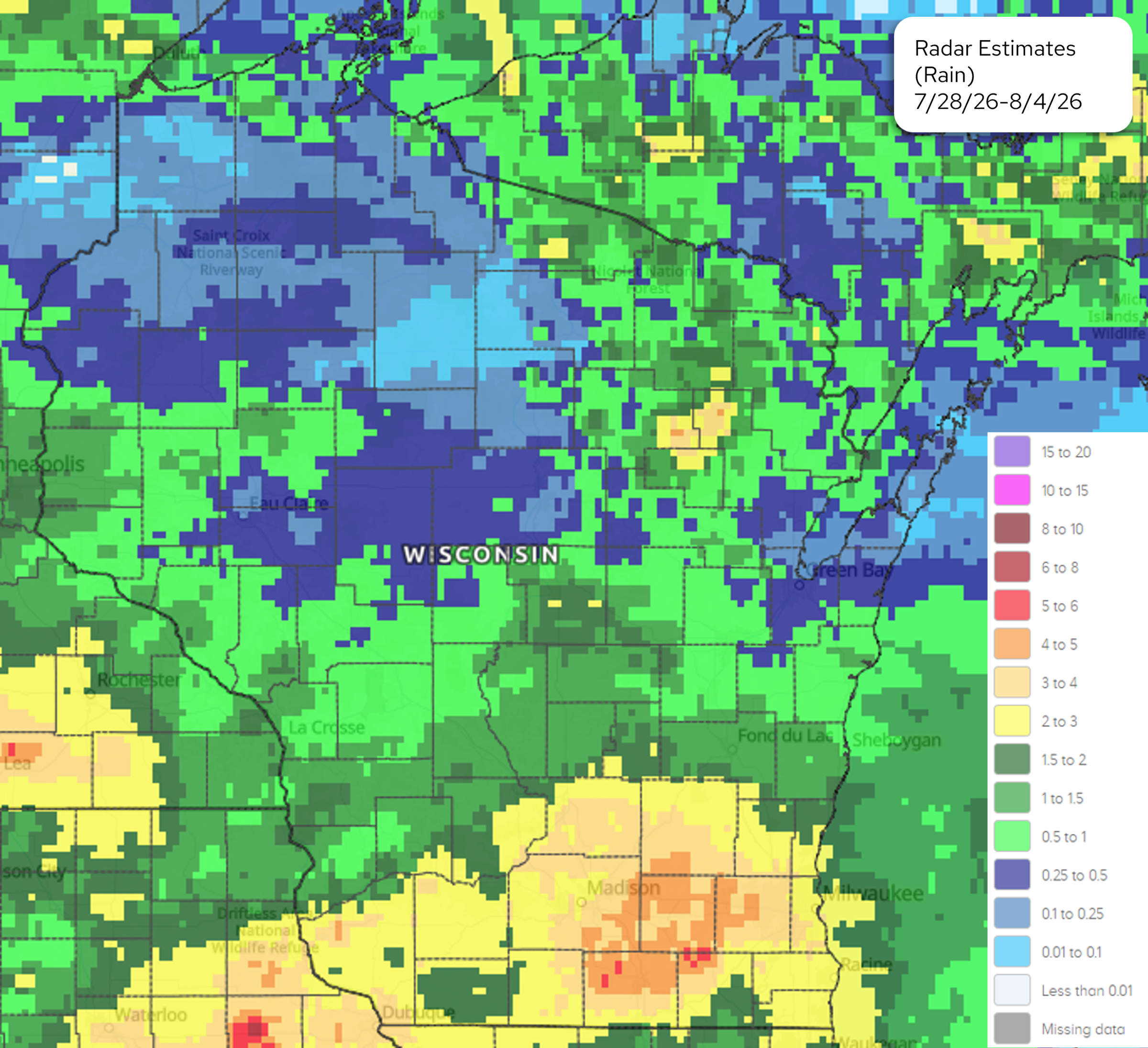 NOAA radar-estimated rainfall map, 7/28/26–8/4/26, upper Midwest. Madison area shows highest totals (3–6 in.); most of WI/MN 0.5–2 in. Image description below.