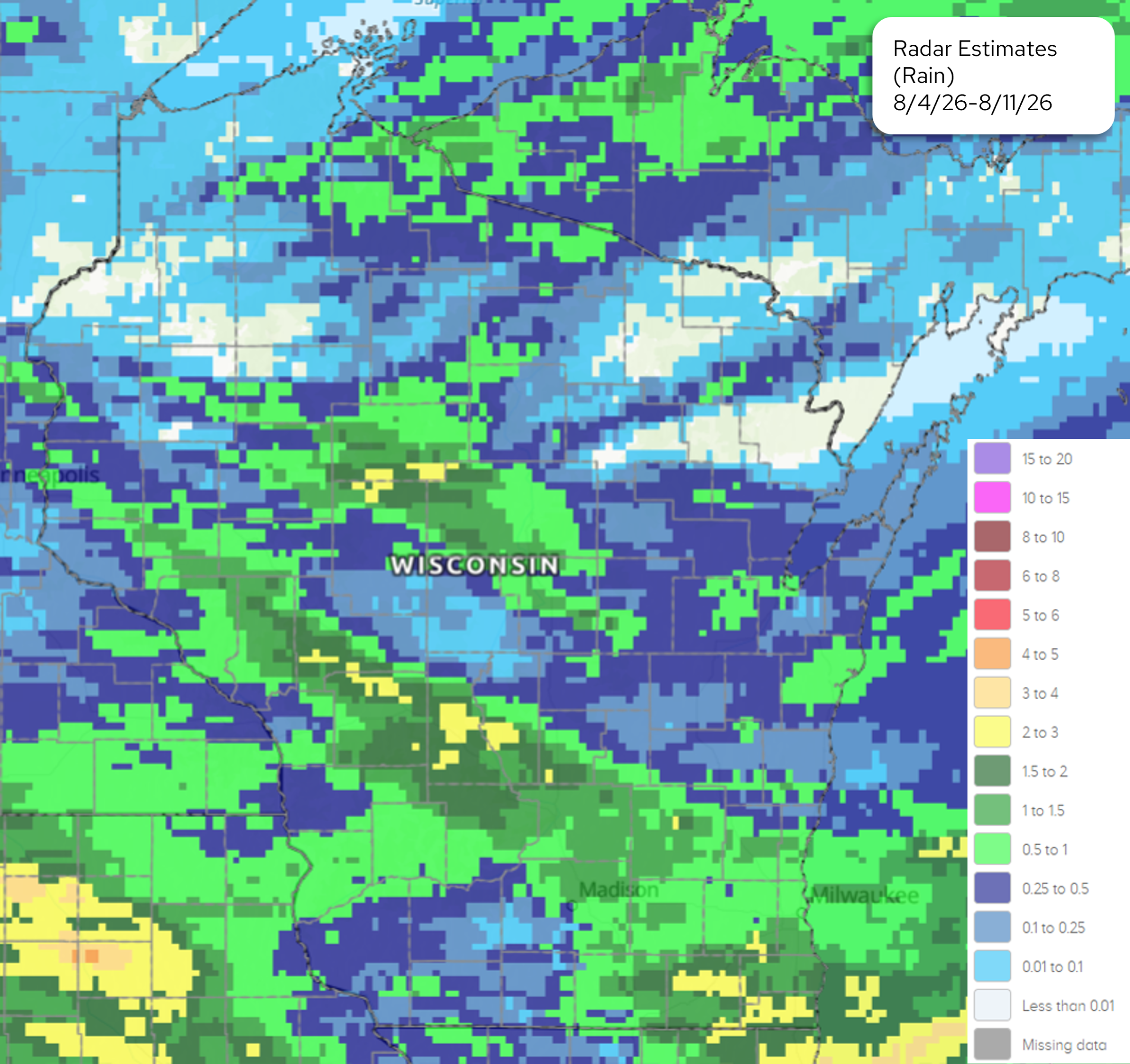 Radar estimates map of 7-day total rain accumulation across Wisconsin (8/4/26-8/11/26). Image description below.