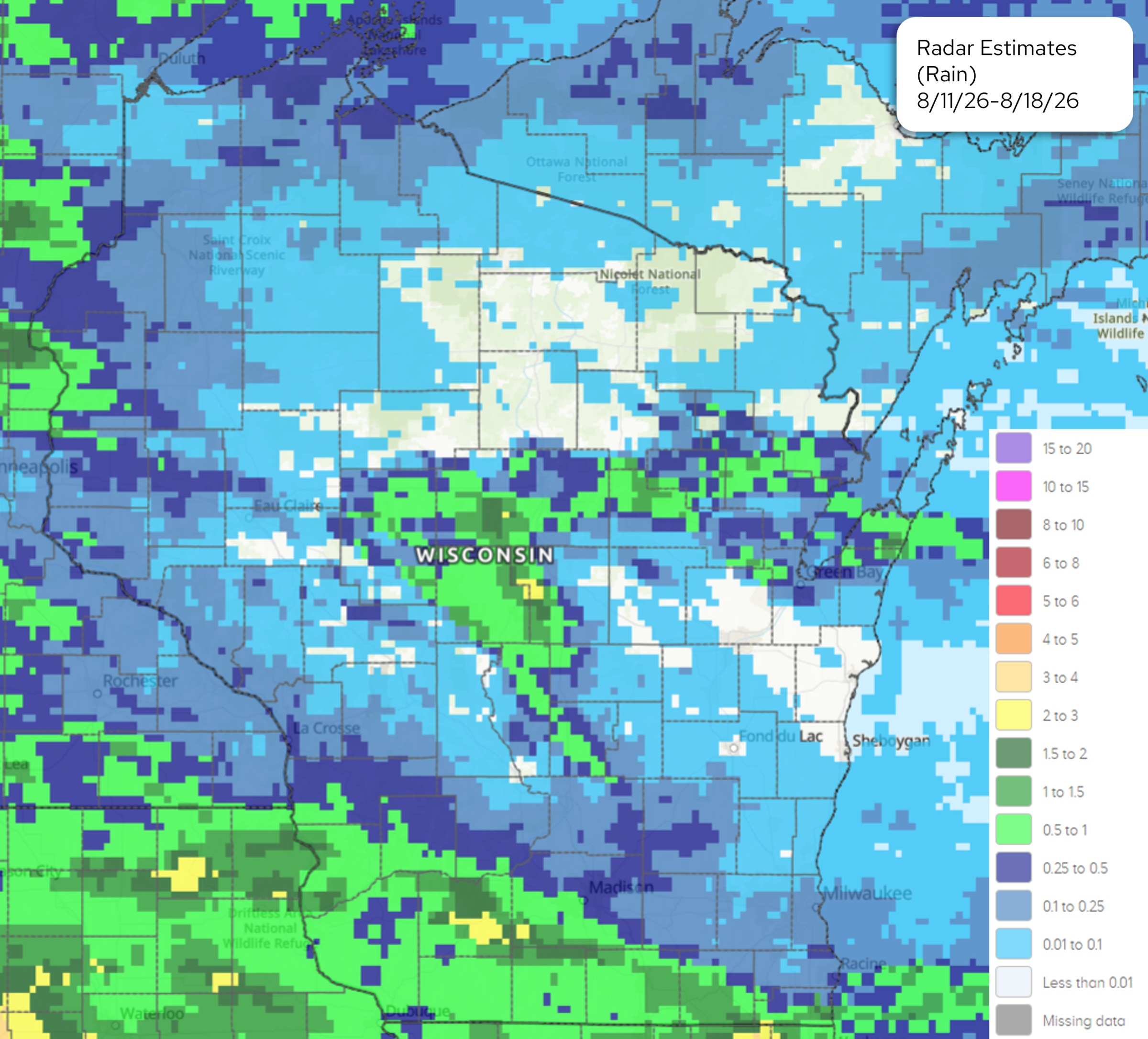 Radar-estimated rain map of Wisconsin and surrounding areas from August 11 to August 18, 2026.