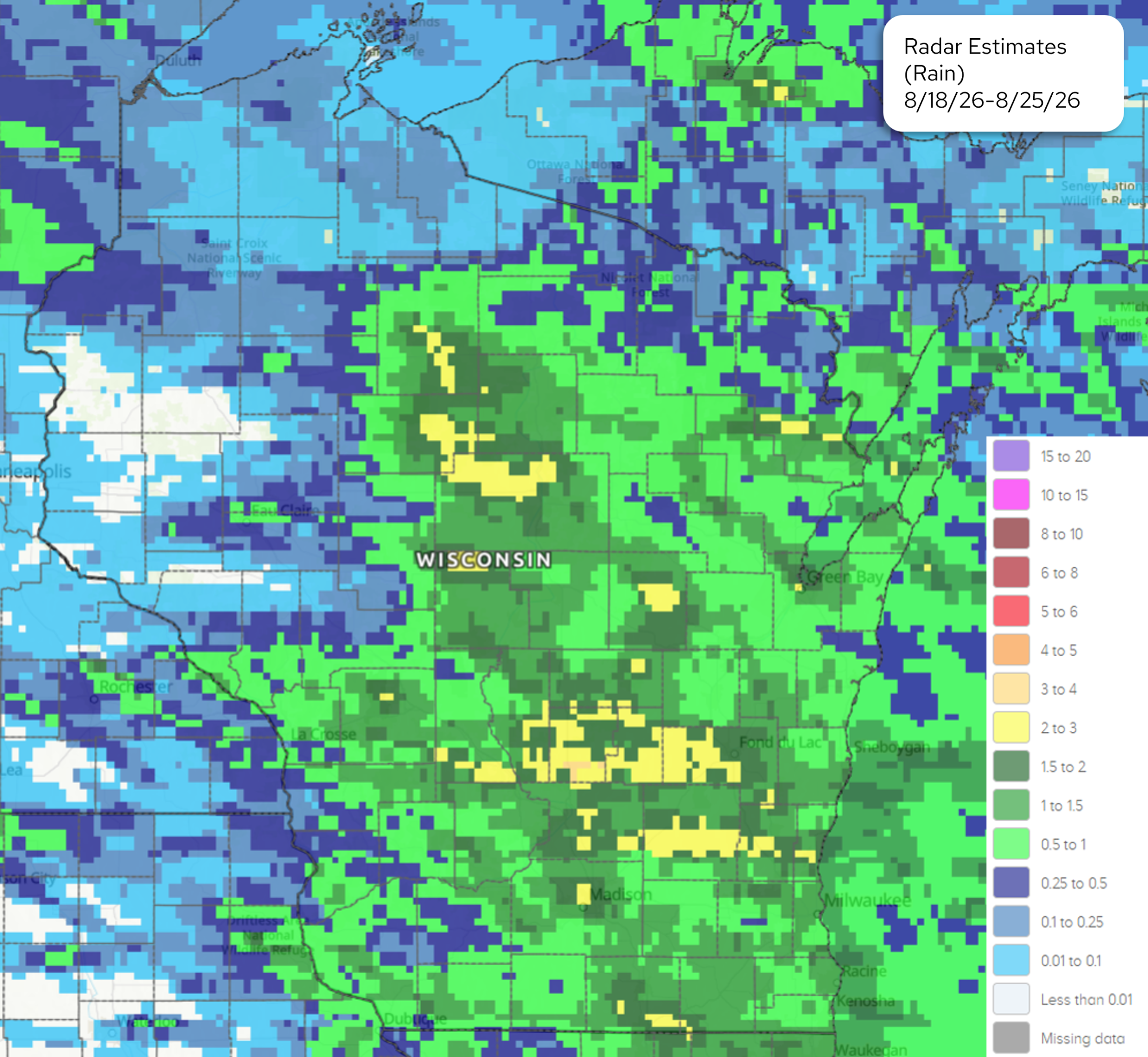 NOAA radar estimated rain map for Wisconsin from August 18, 2026 to August 25, 2026.