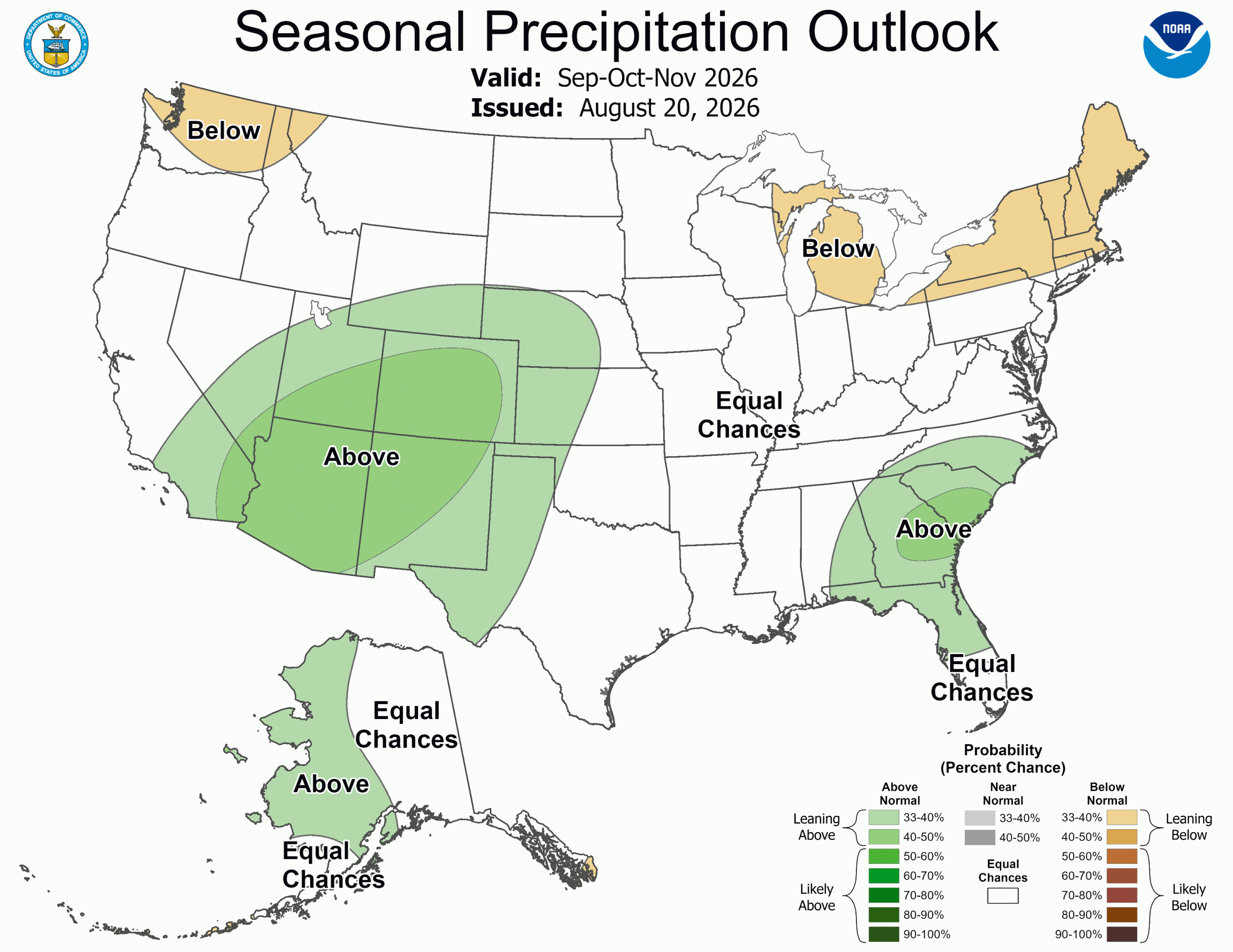 NOAA map showing U.S. seasonal precipitation outlook for September–November 2026 issued August 20, 2026. 