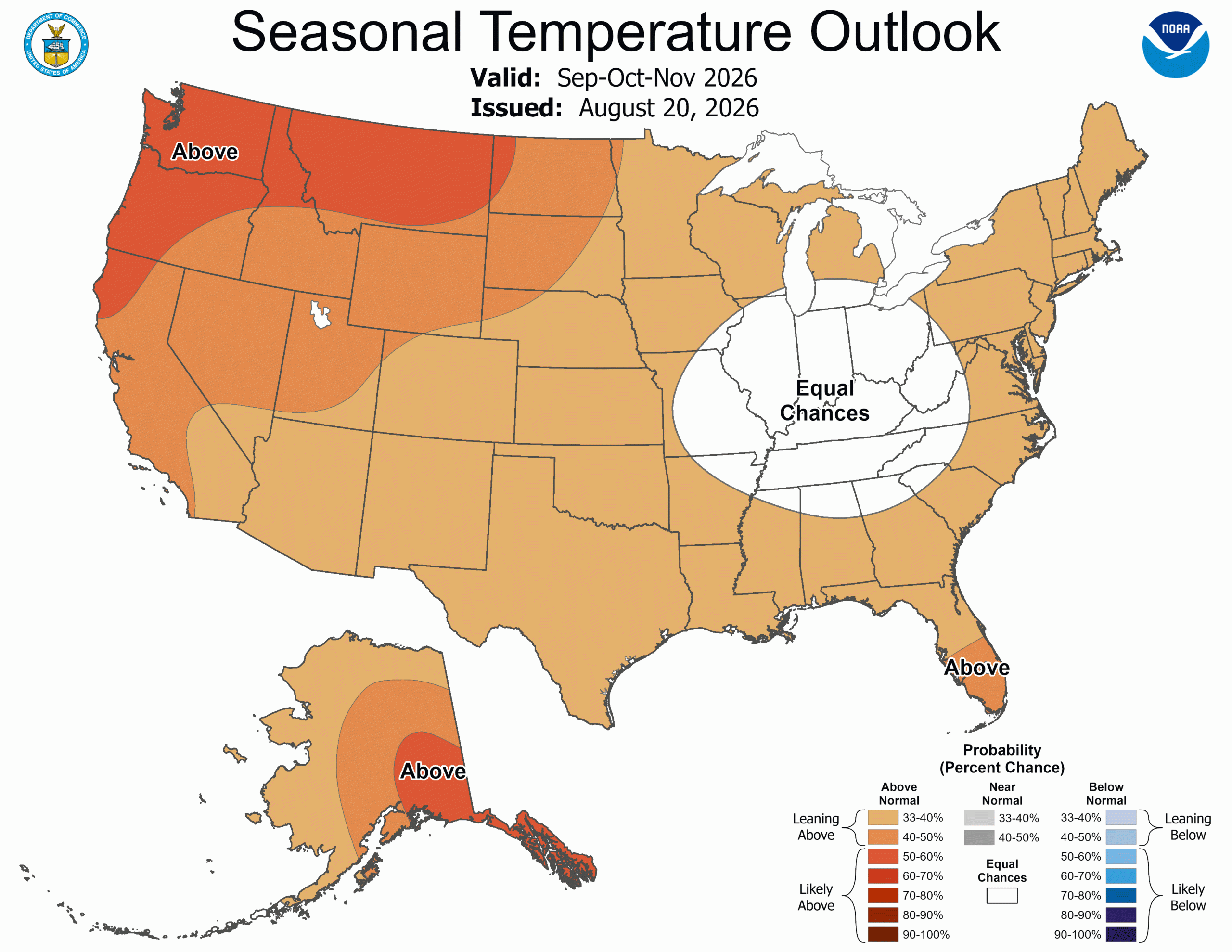 NOAA map showing U.S. seasonal temperature outlook for September–November 2026 issued August 20, 2026. 