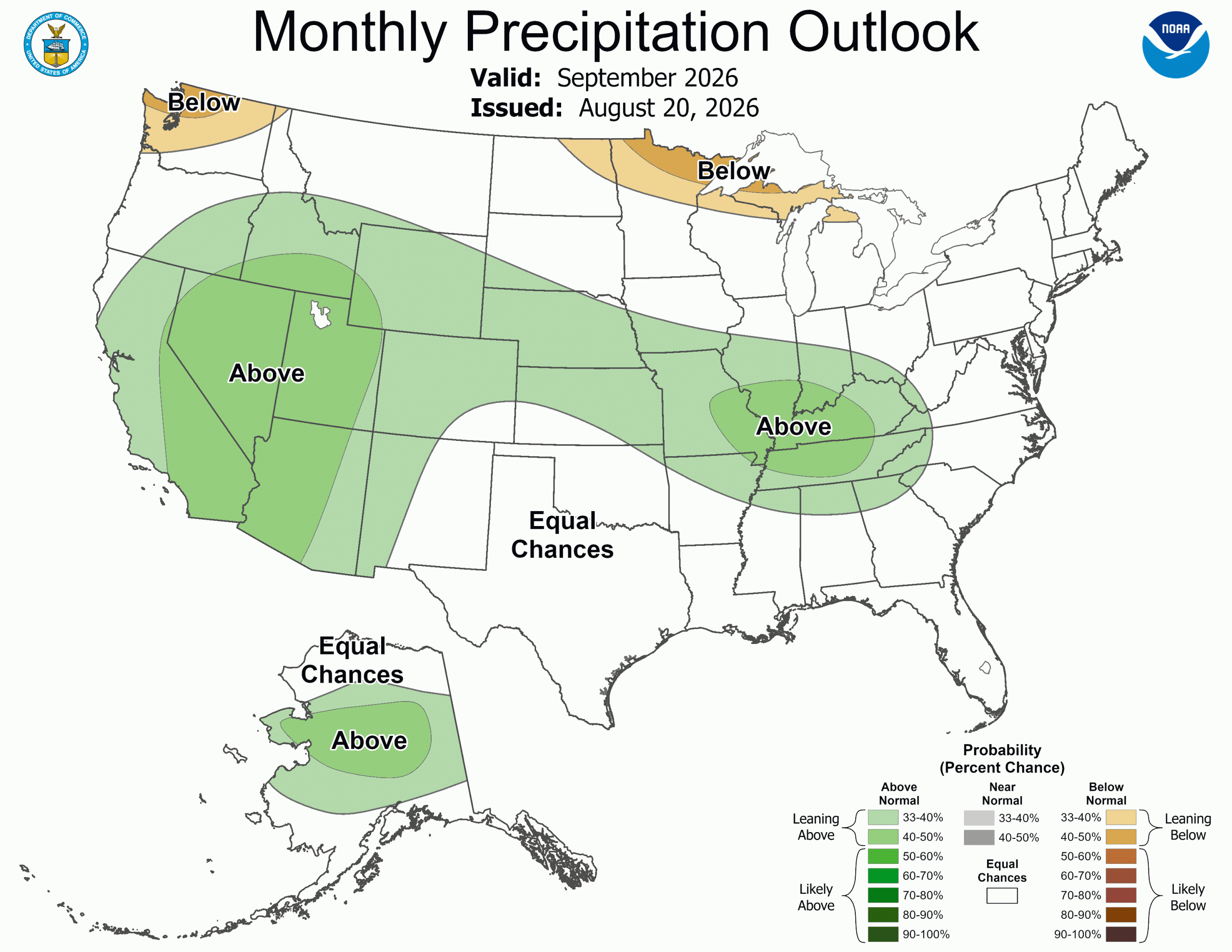 NOAA map showing U.S. monthly precipitation outlook for September 2026 issued August 20, 2026. 