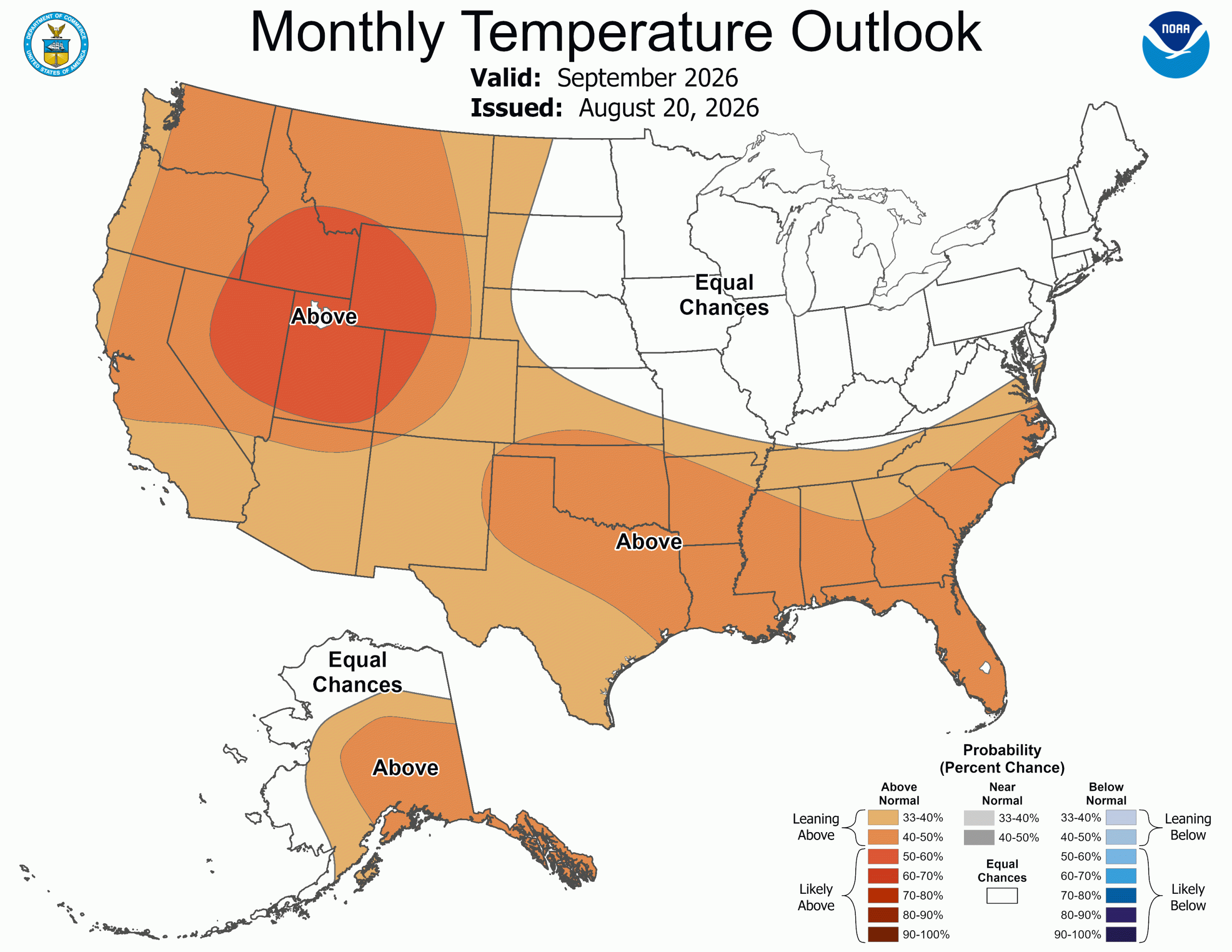 NOAA map showing U.S. monthly temperature outlook for September 2026 issued August 20, 2026. 