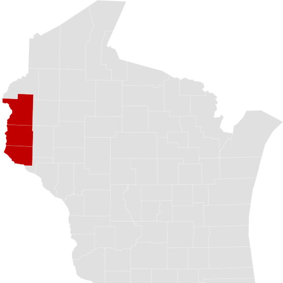 Map of Wisconsin counties with St. Croix, Pierce and Polk counties highlighted in red along the state's northwestern border.