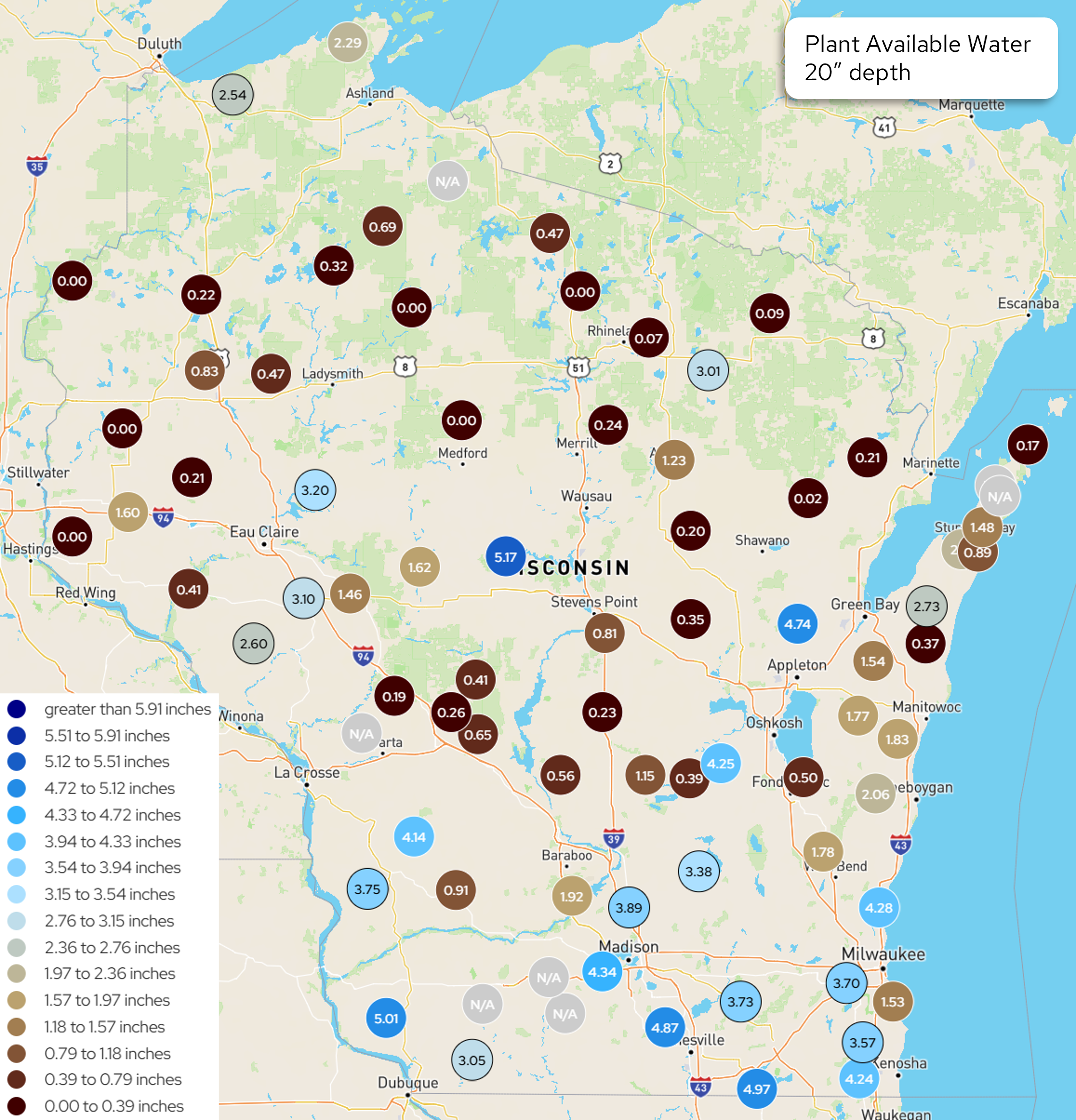 Map of Wisconsin displaying Wisconet plant available water in inches at 20 inch depth.