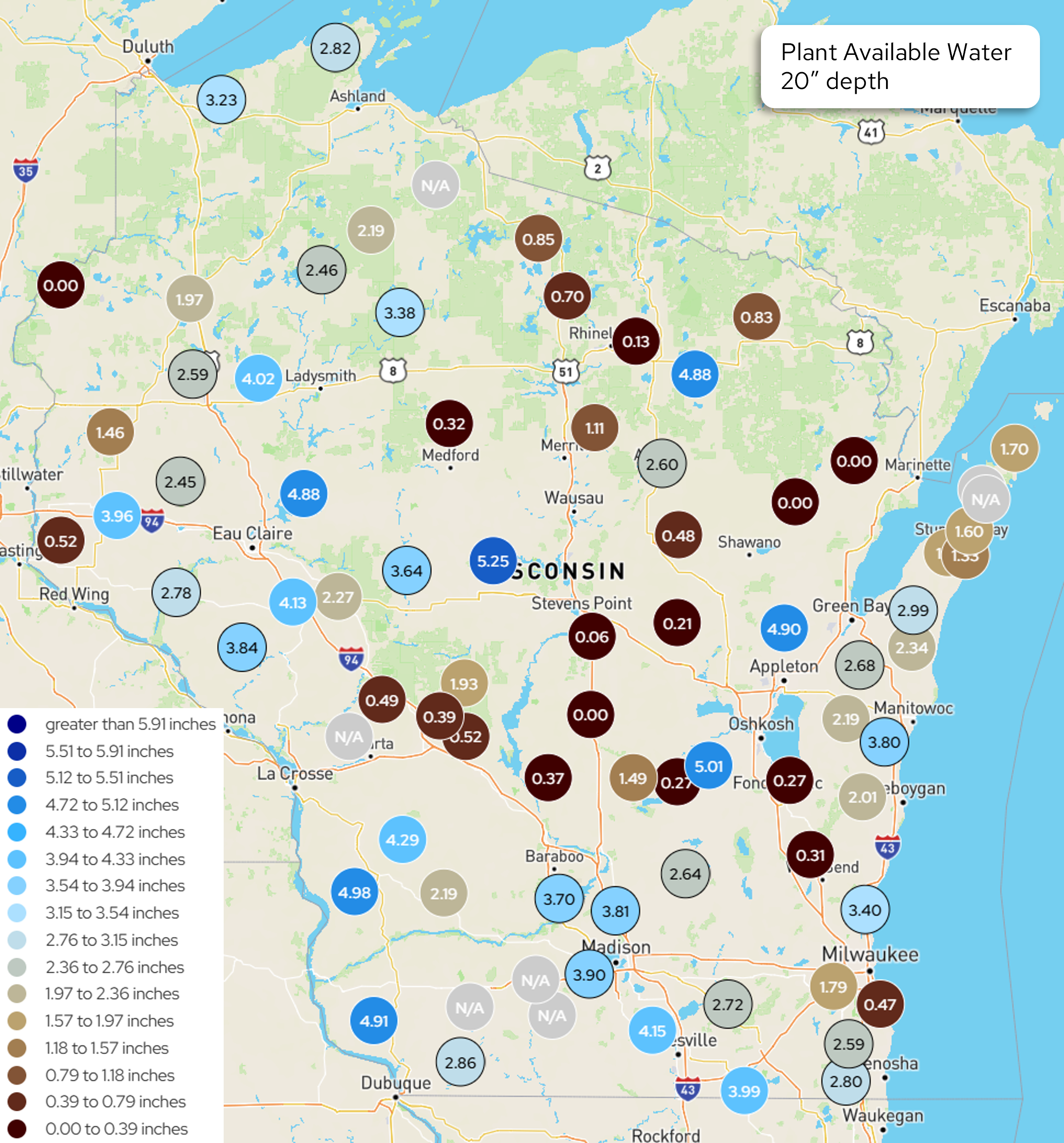 Map of Wisconsin showing Plant Available Water at 20" depth by station, color-coded from dark red (0.00–0.39 in) to dark blue (>5.91 in). Image description below.