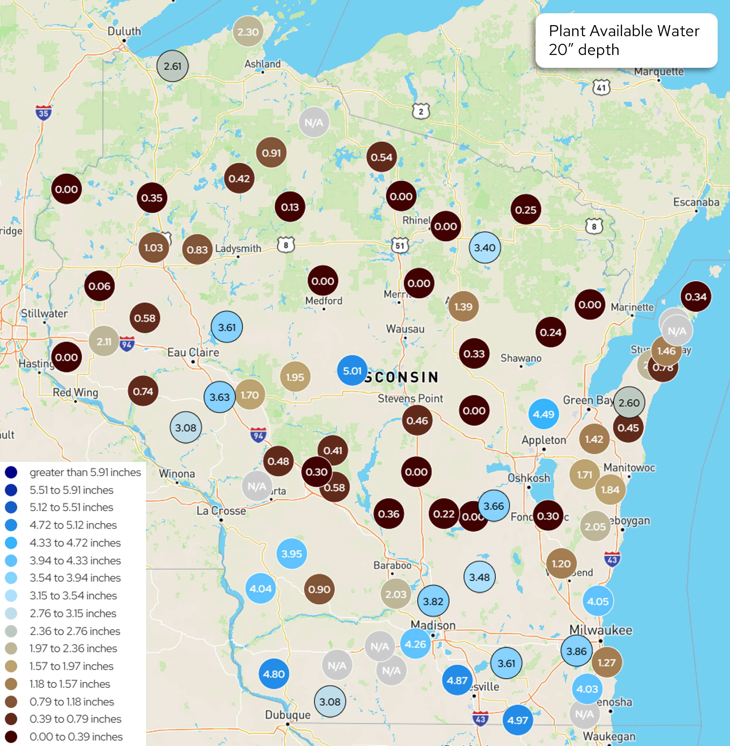 Wisconsin map displaying Wisconet station measurements for plant available water at 20" depth.