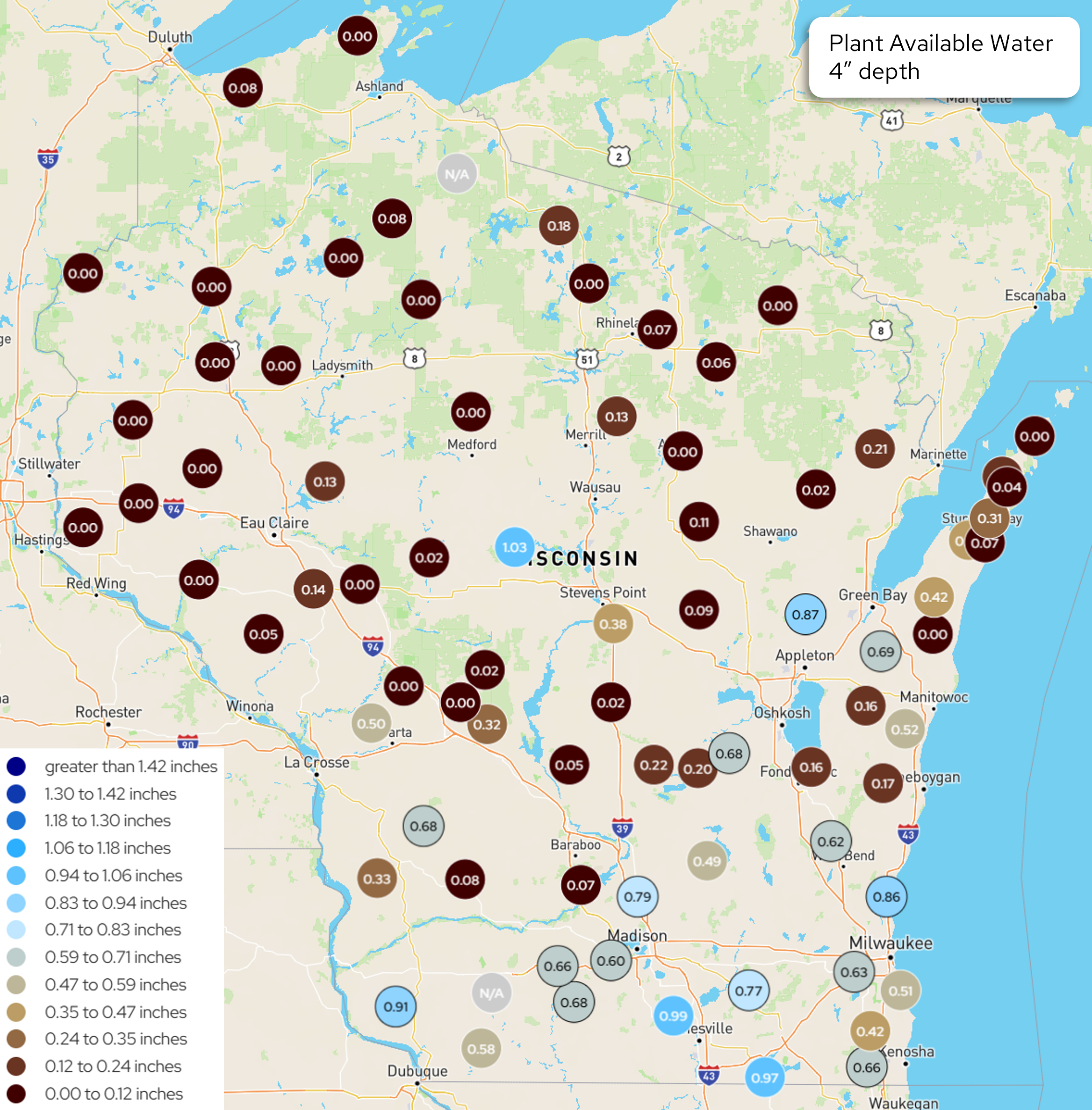  Map of Wisconsin displaying Wisconet plant available water in inches at 4 inch depth.