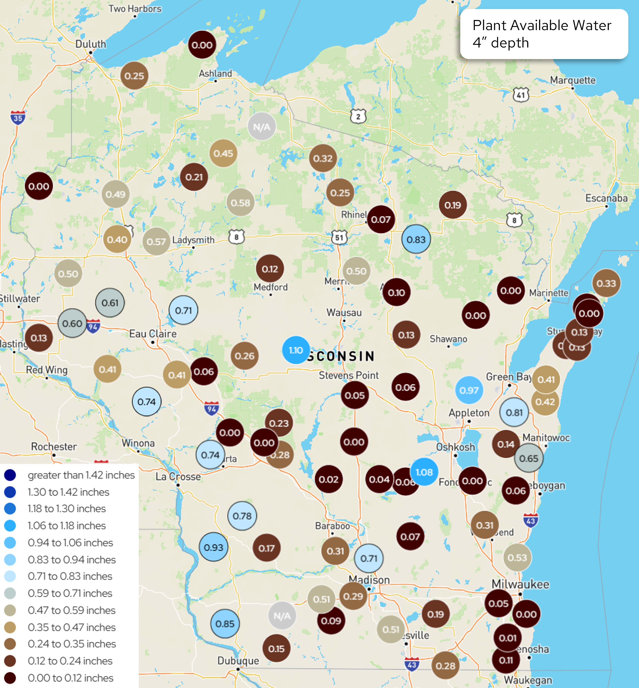 Wisconsin map of plant available water at 4" soil depth by station; most sites 0.00–0.35 in, some central/eastern sites up to 1.10 in. Image description below.