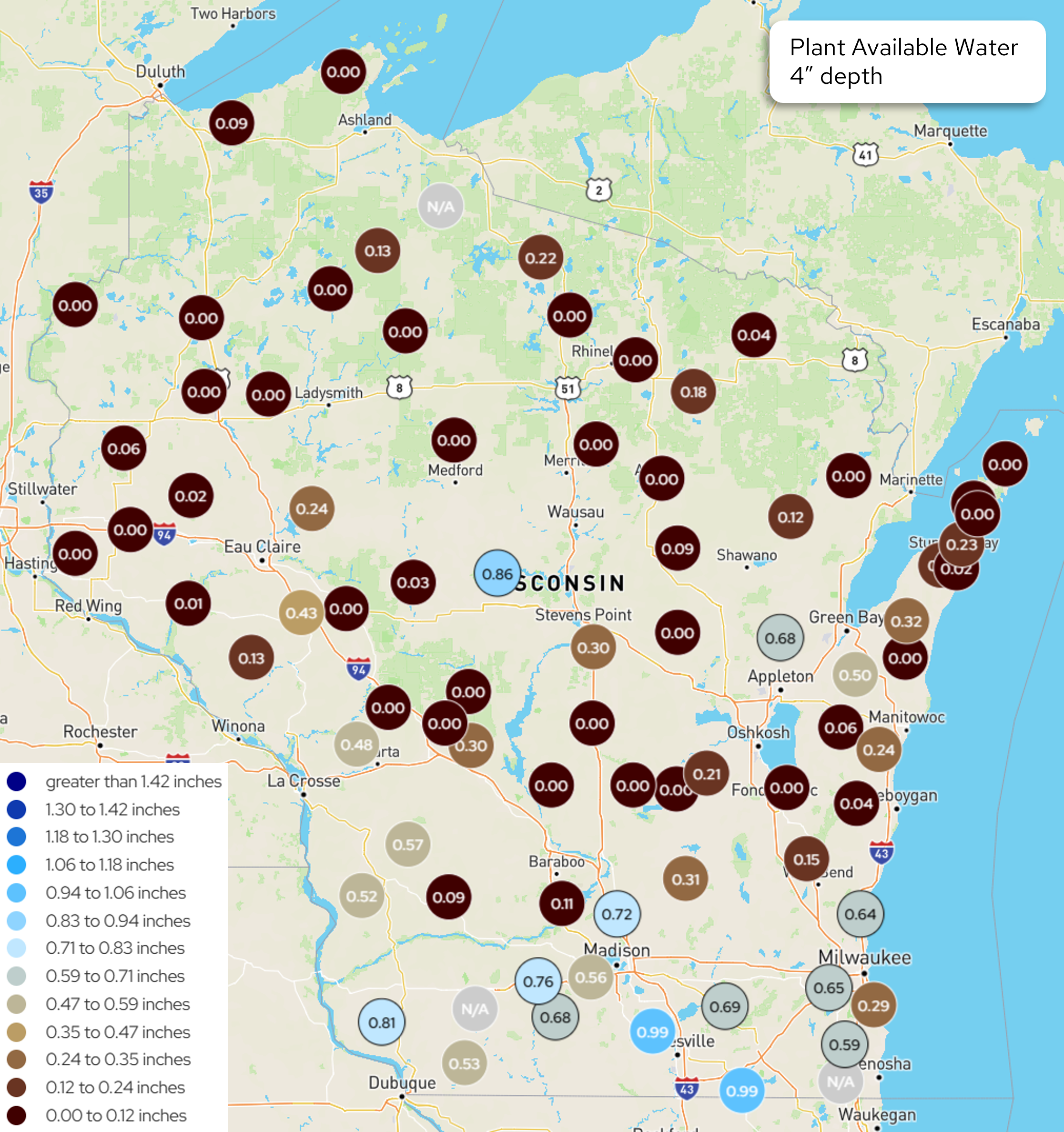 Wisconsin map displaying Wisconet station measurements for plant available water at 4" depth.