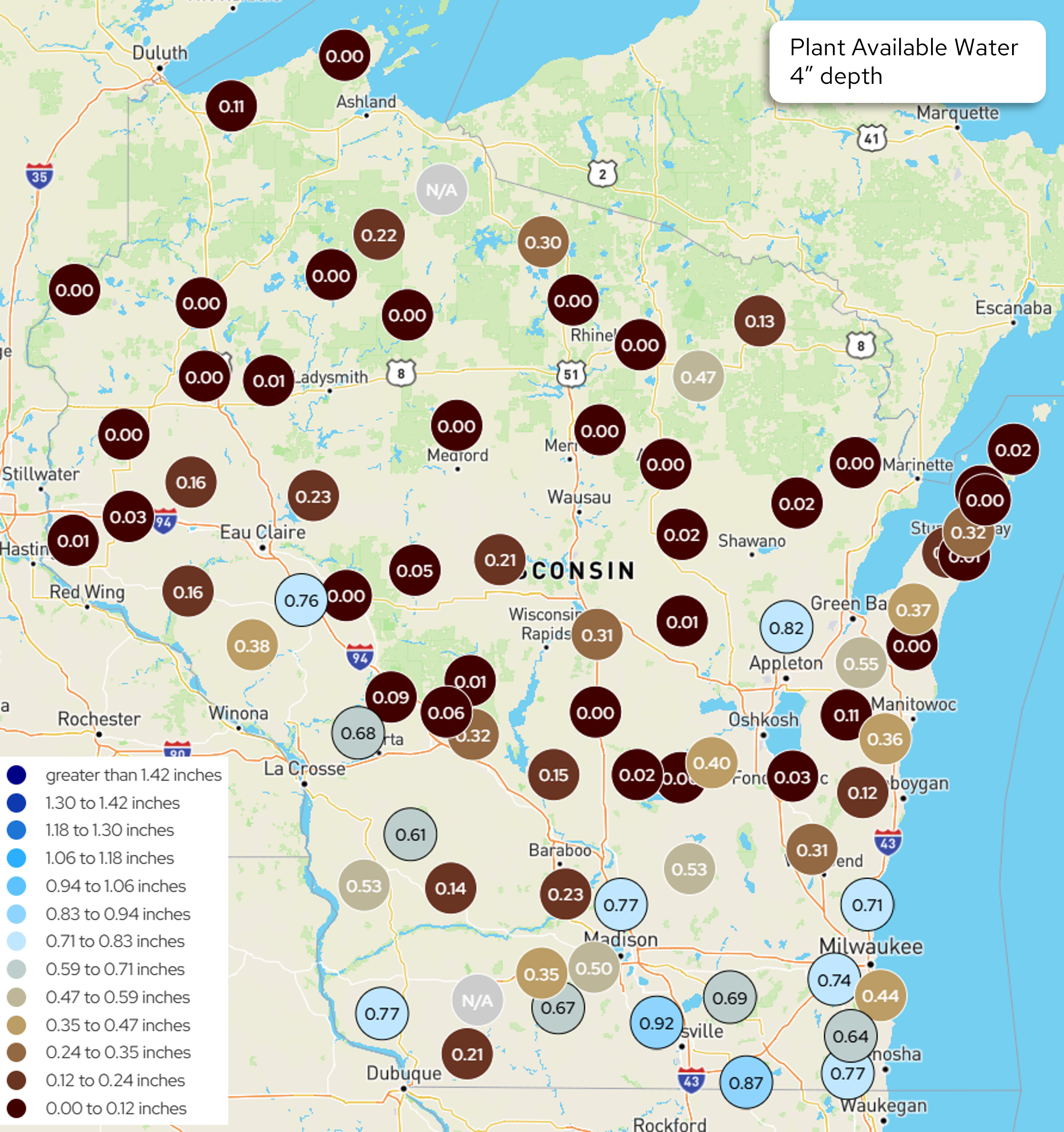 Wisconsin map showing plant available water in inches at 4-inch soil depth across monitoring stations.