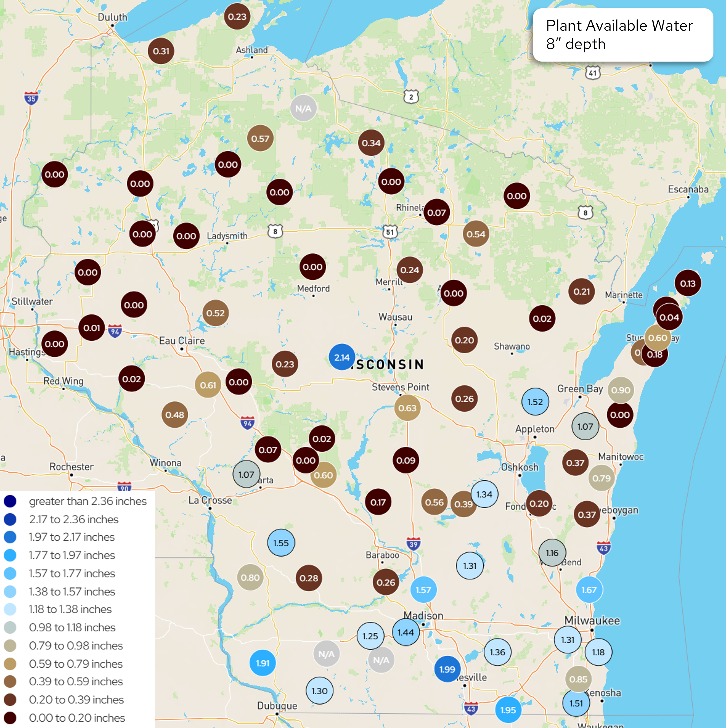  Map of Wisconsin displaying Wisconet plant available water in inches at 8 inch depth.