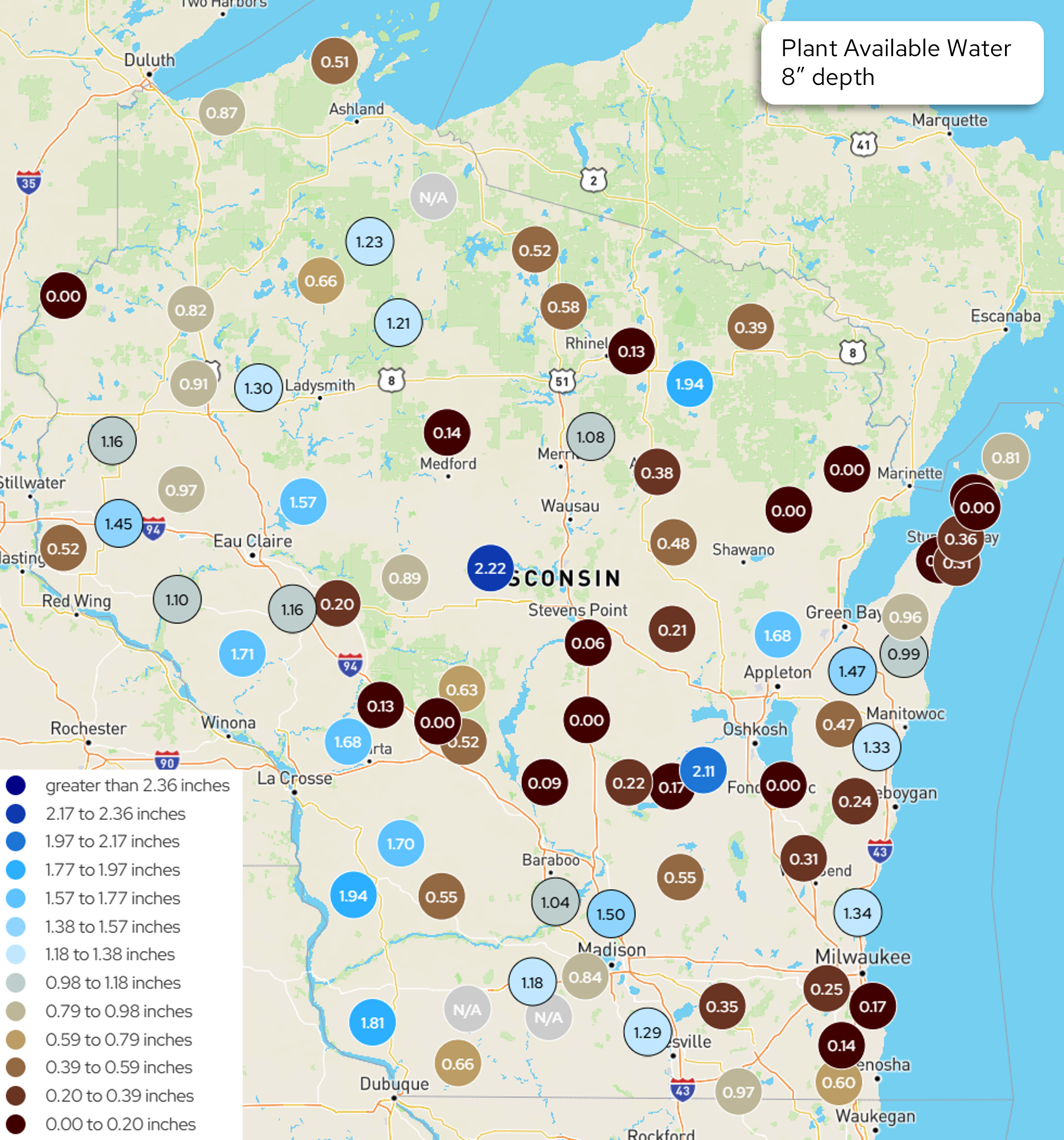 Wisconsin map with color-coded circles showing plant available water (8" depth) at ~70 sites, ranging 0.00–2.22 inches. Image description below.