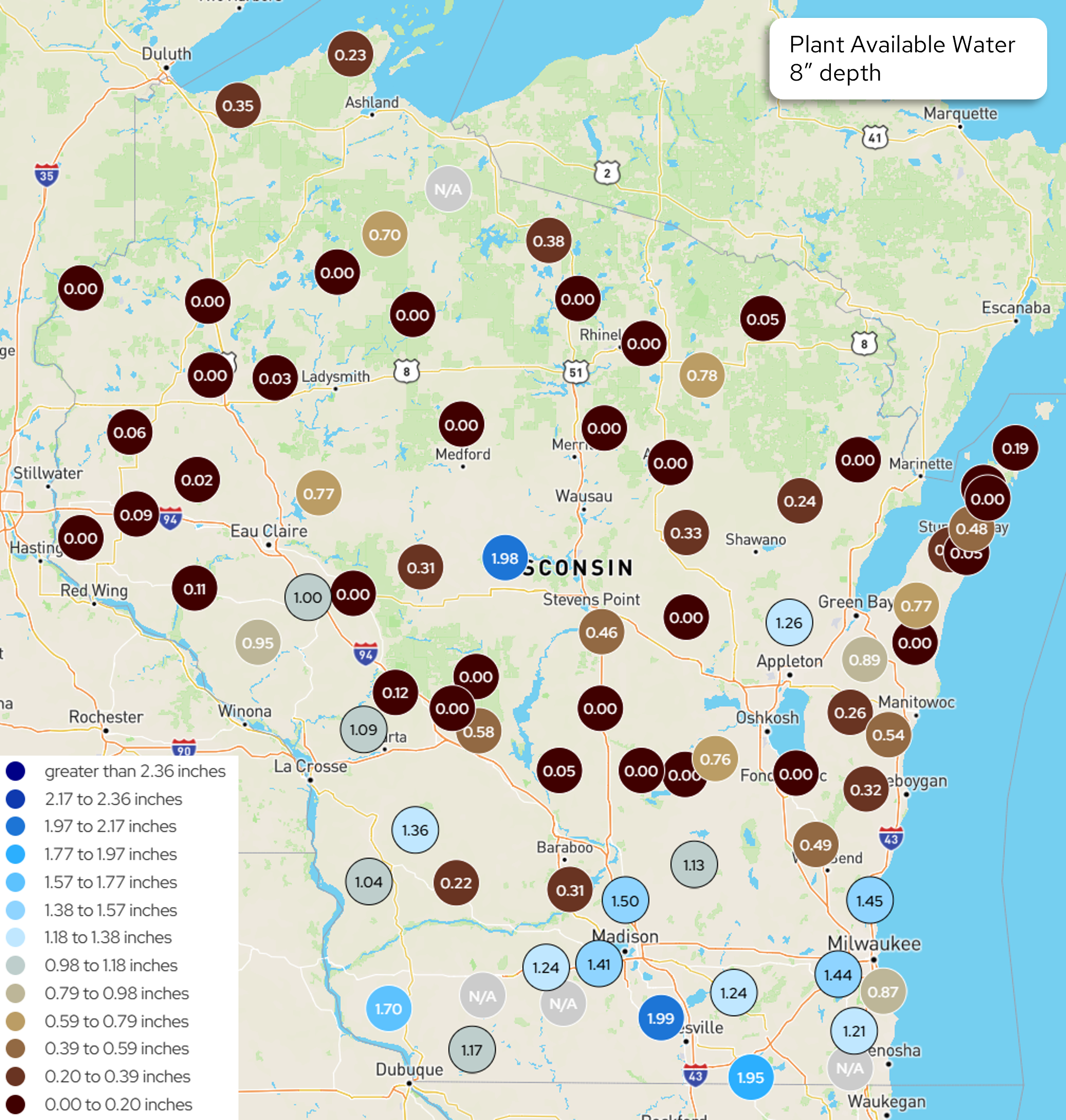 Wisconsin map displaying Wisconet station measurements for plant available water at 8" depth.