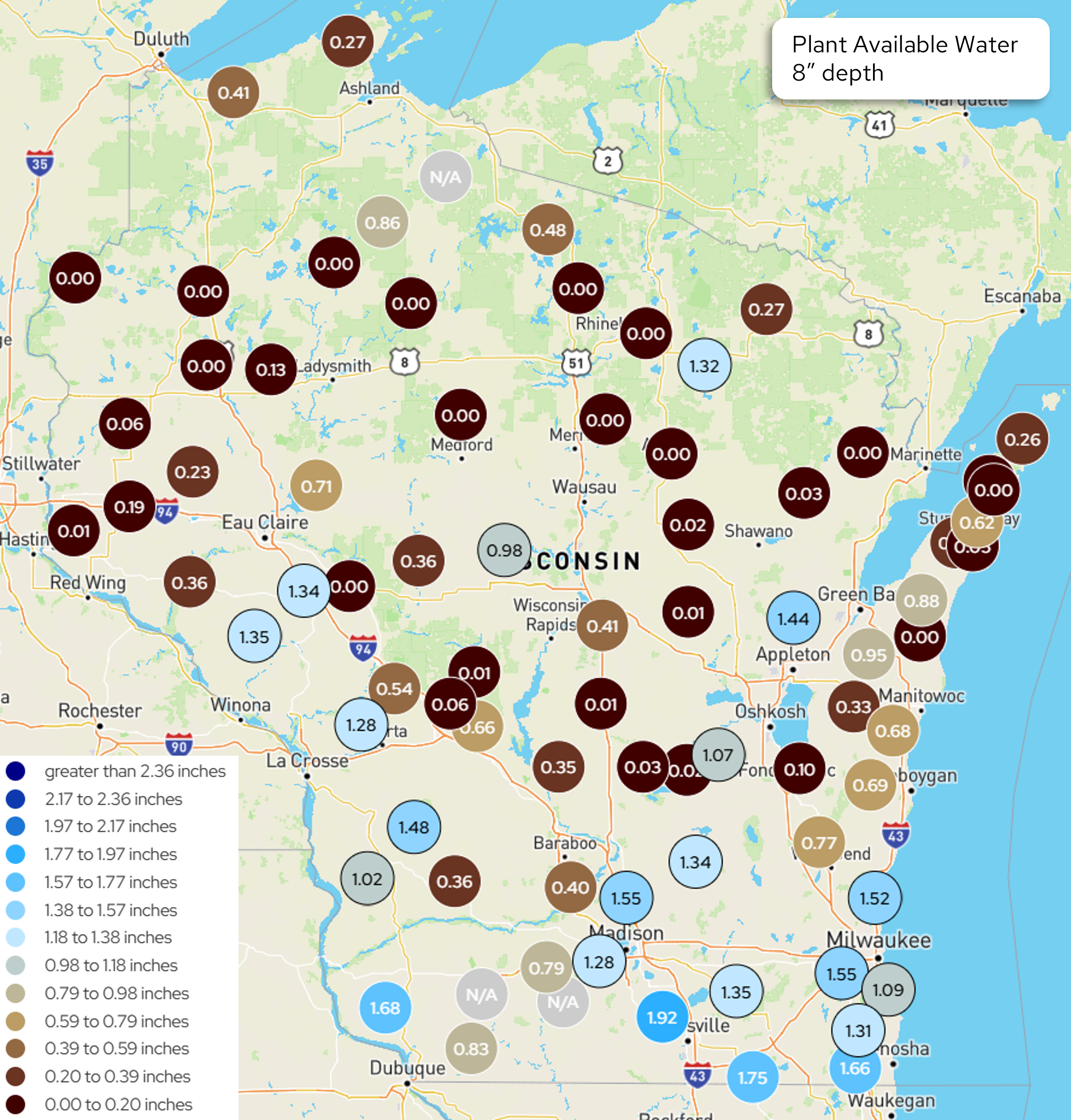 Wisconsin map showing plant available water in inches at 8-inch soil depth across monitoring stations. 
