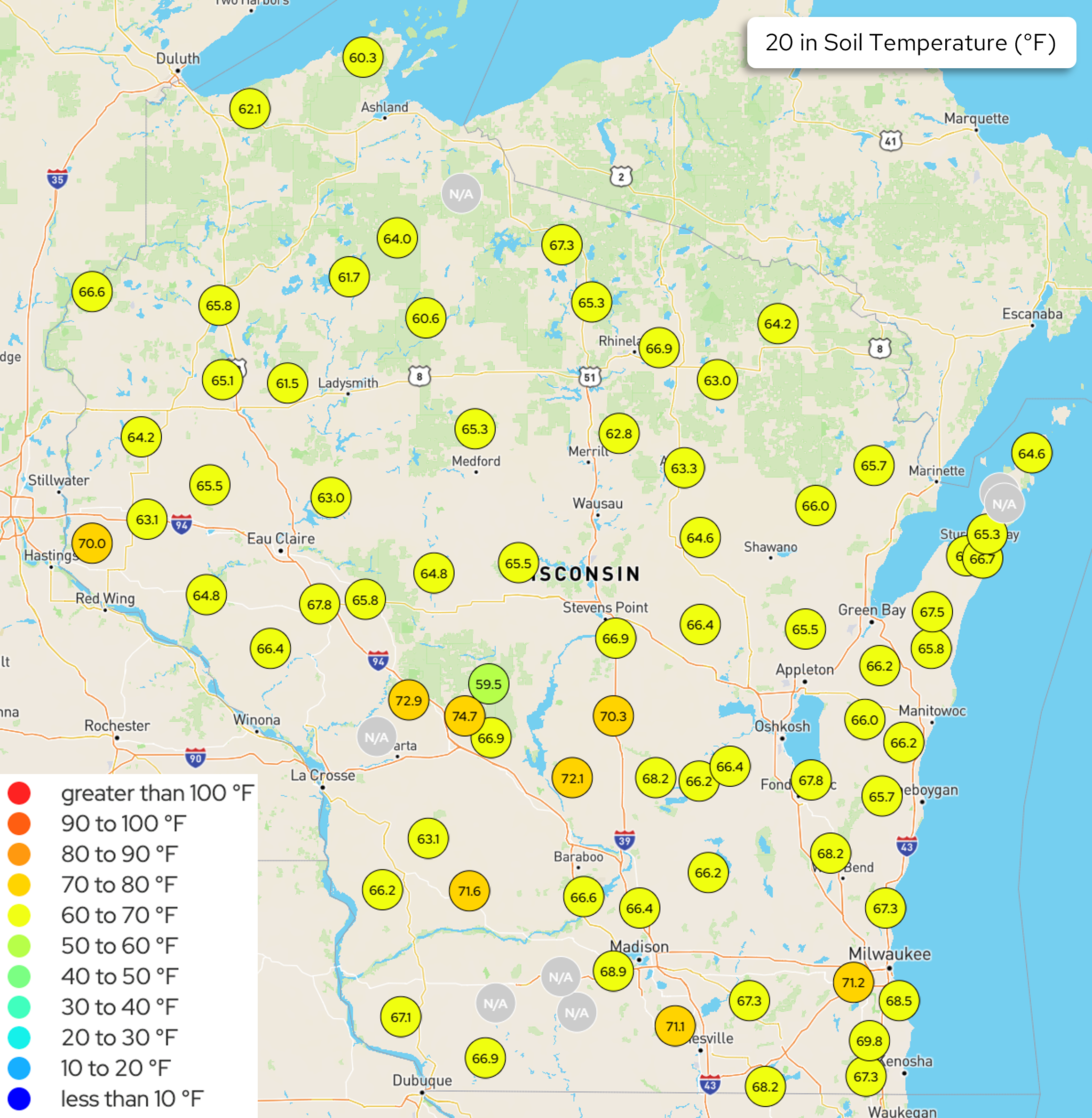 Map of Wisconsin showing Wisconet 20-inch soil temperature measurements in degrees Fahrenheit across state stations.