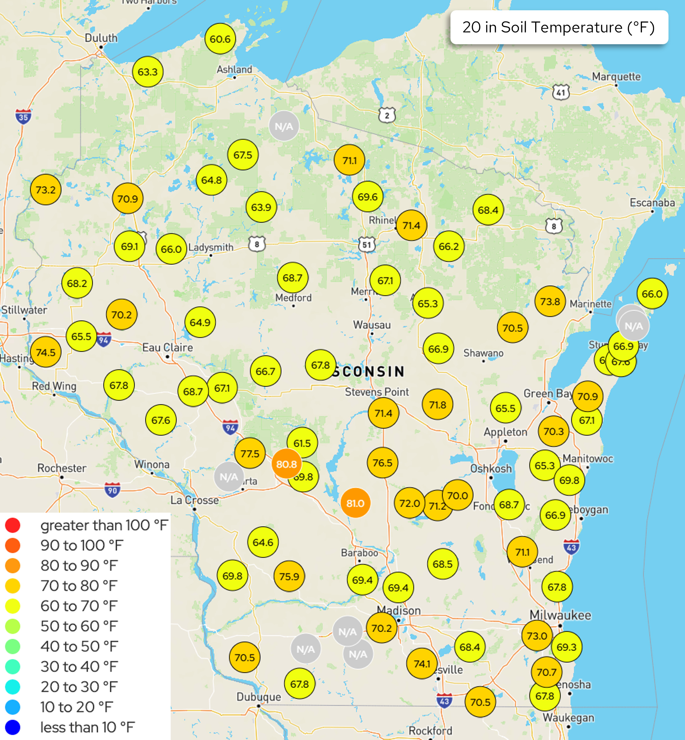 Map of Wisconsin showing 20-inch soil temperatures (°F) at monitoring stations statewide, mostly 60s-70s°F, some 80s°F in south-central. Image description below.