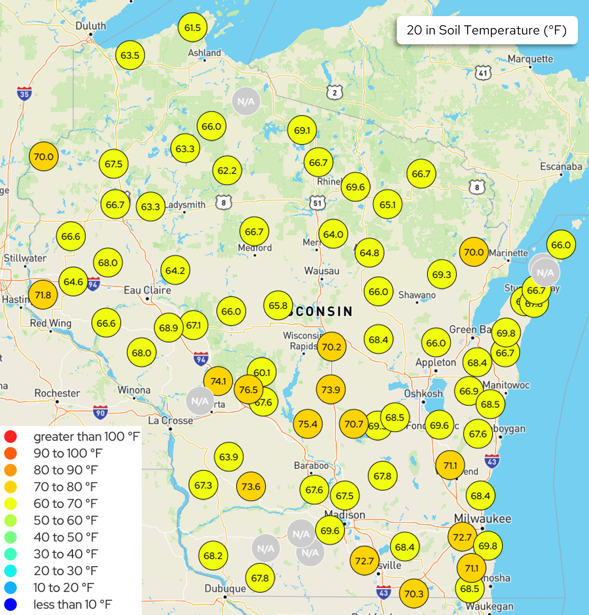 Wisconsin map displaying soil temperature in degrees Fahrenheit at 20-inch depth.
