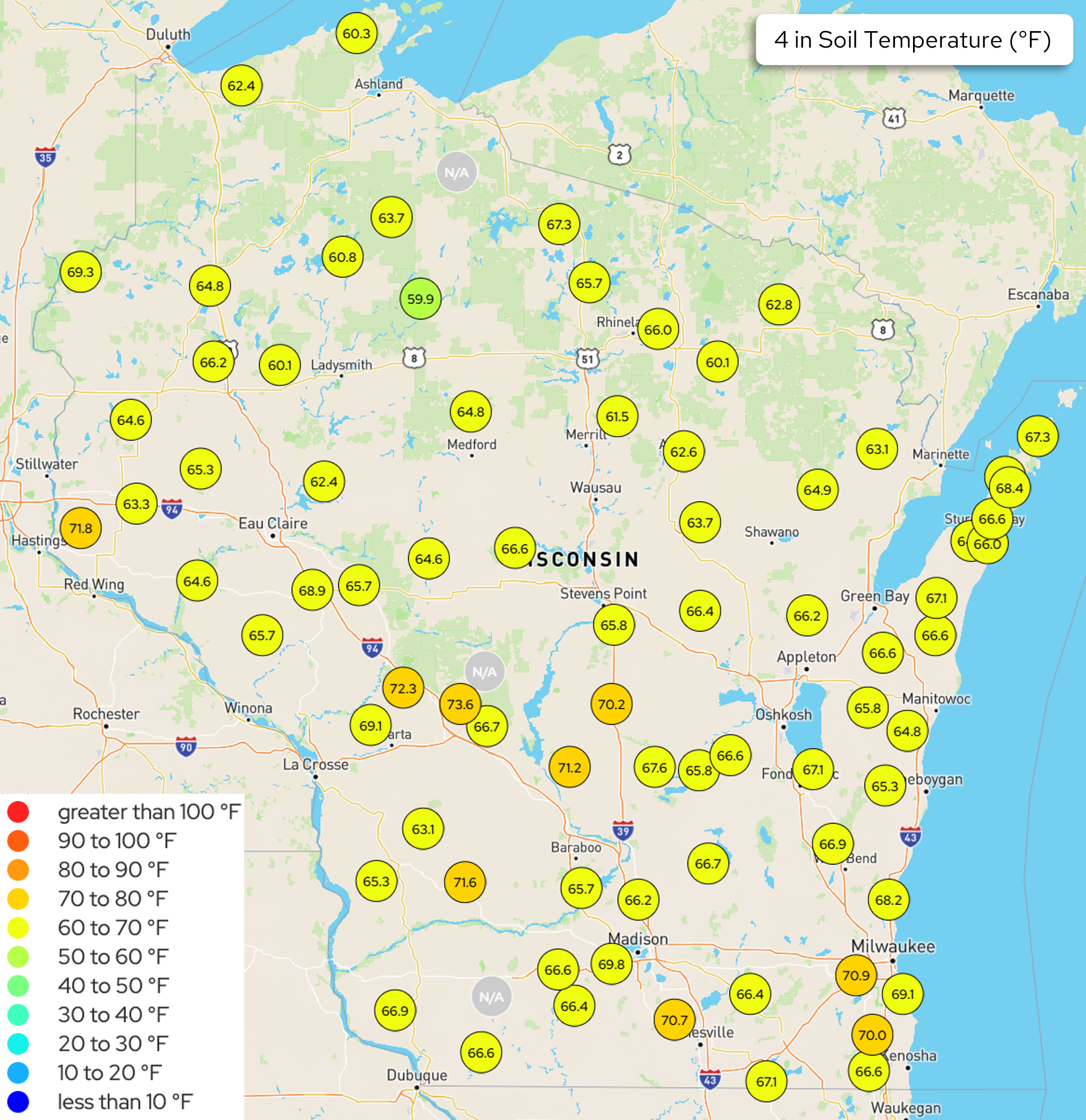 Map of Wisconsin showing Wisconet 4-inch soil temperature measurements in degrees Fahrenheit. 