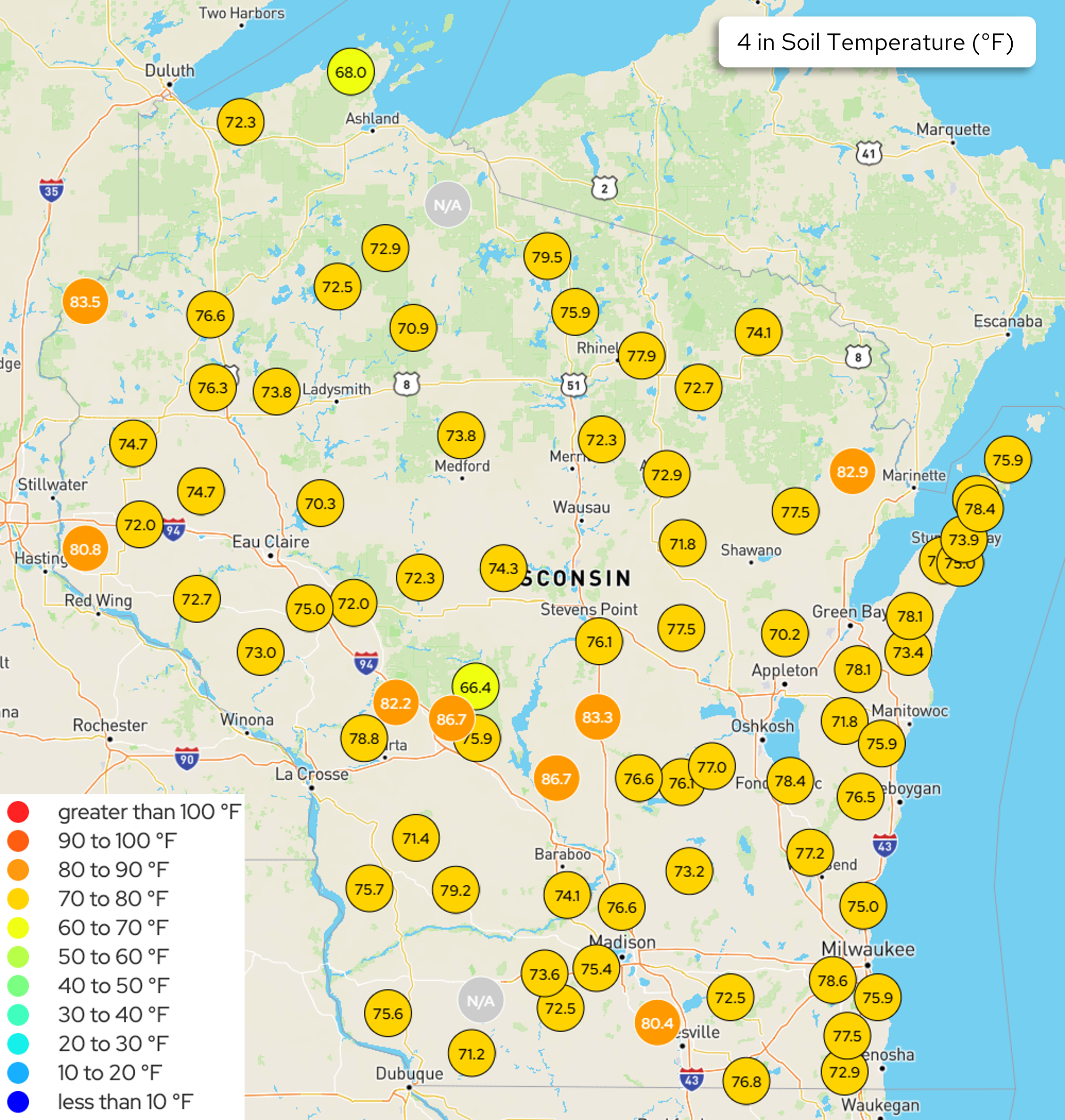 Map of Wisconsin showing 4-inch soil temperatures (°F) at monitoring stations statewide. Image description below.