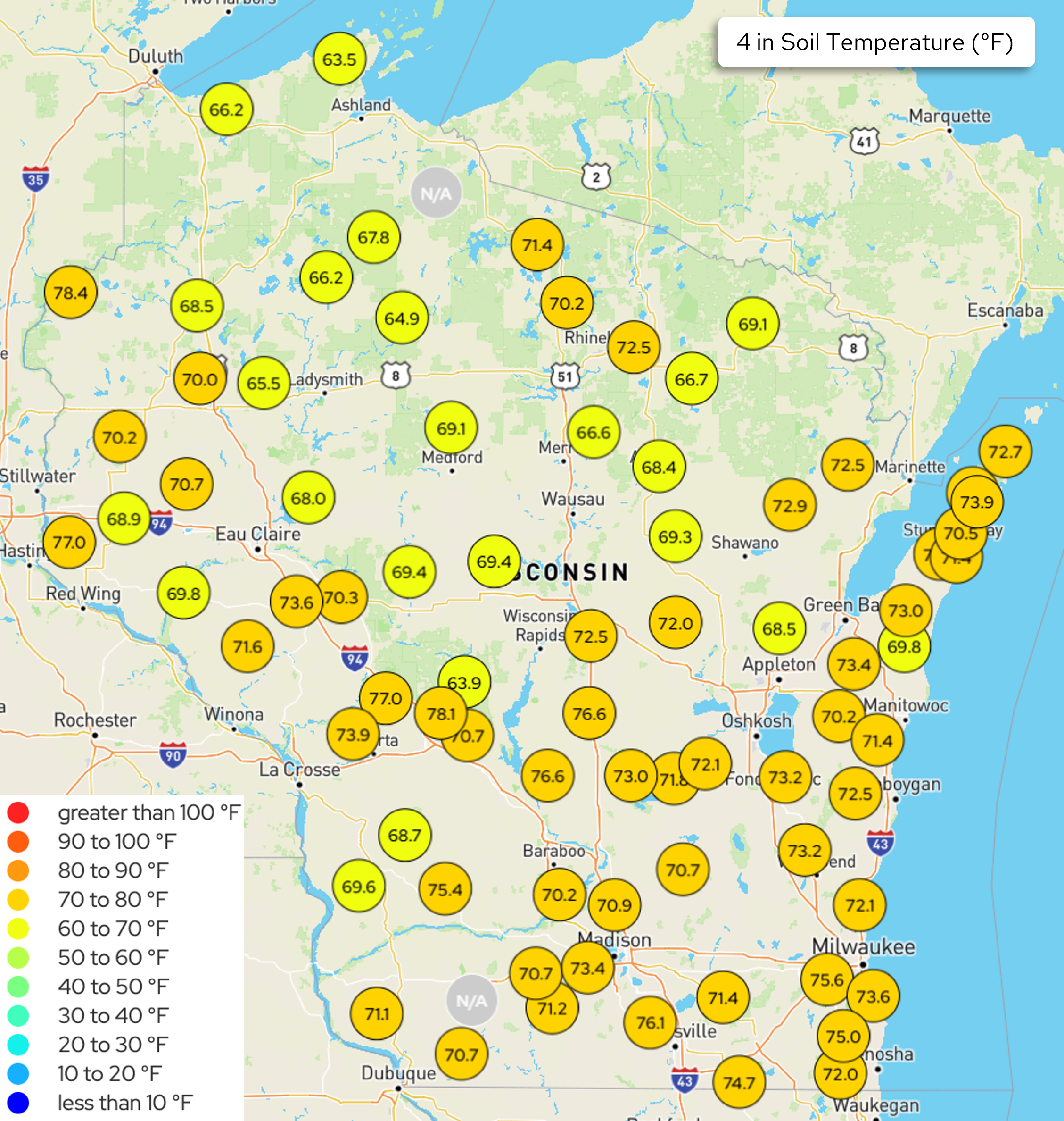 Wisconsin map displaying soil temperature in degrees Fahrenheit at 4-inch depth.
