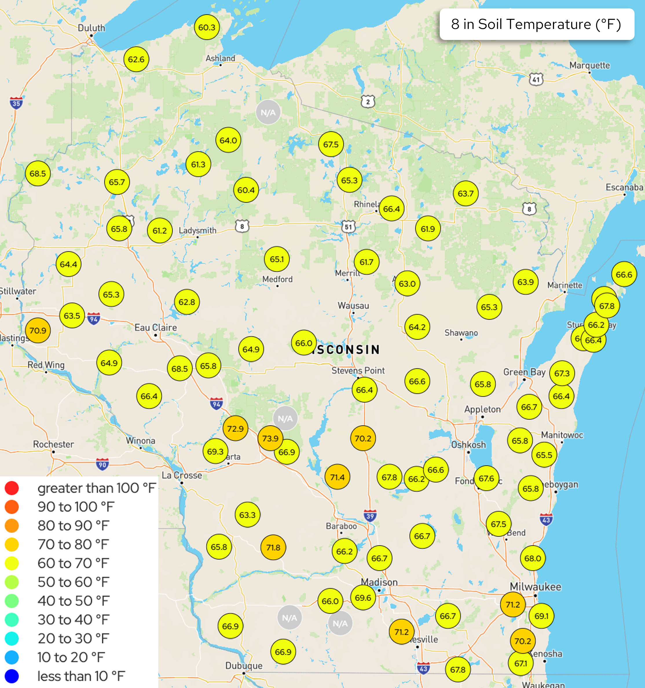 Map of Wisconsin showing Wisconet 8-inch soil temperature measurements in degrees Fahrenheit.