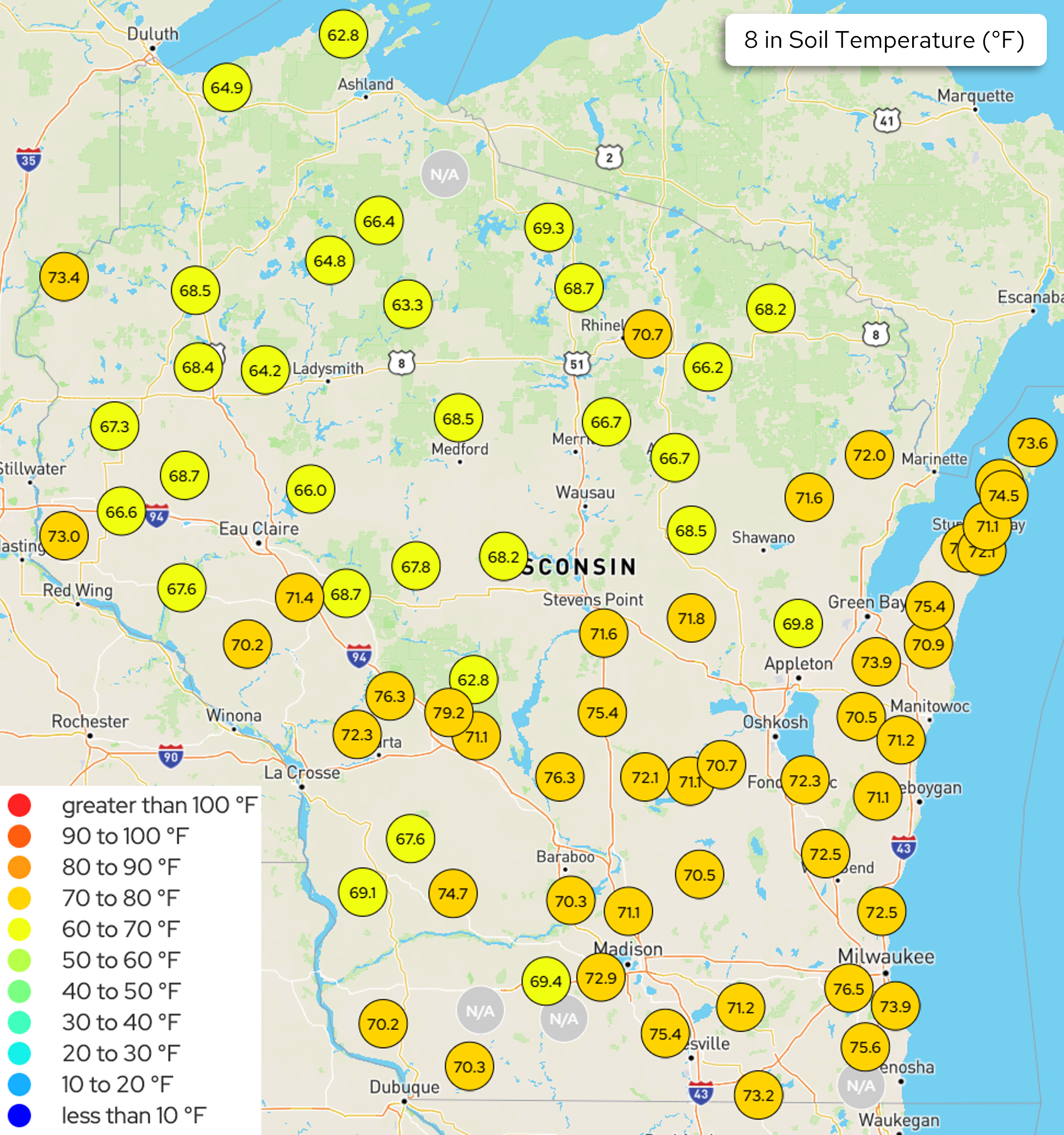 Wisconsin map displaying Wisconet station measurements for soil temperature at 8" depth.