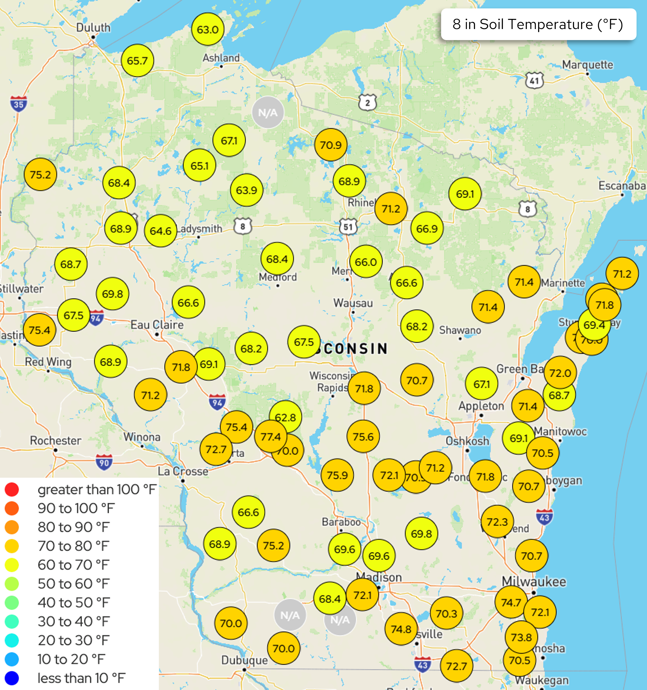  Wisconsin map displaying soil temperature in degrees Fahrenheit at 8-inch depth.