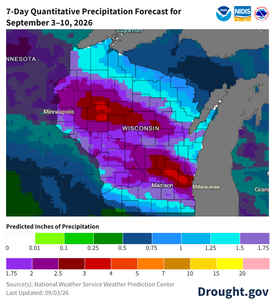 7-day quantitative precipitation forecast map for Wisconsin and surrounding regions, September 3 to 10, 2026.
