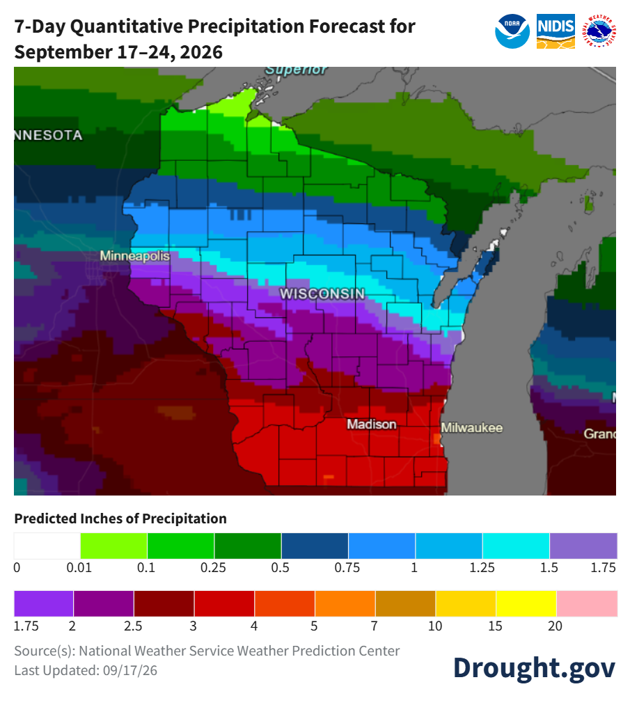  7-Day Quantitative Precipitation Forecast map for Wisconsin covering September 17 to 24, 2026.