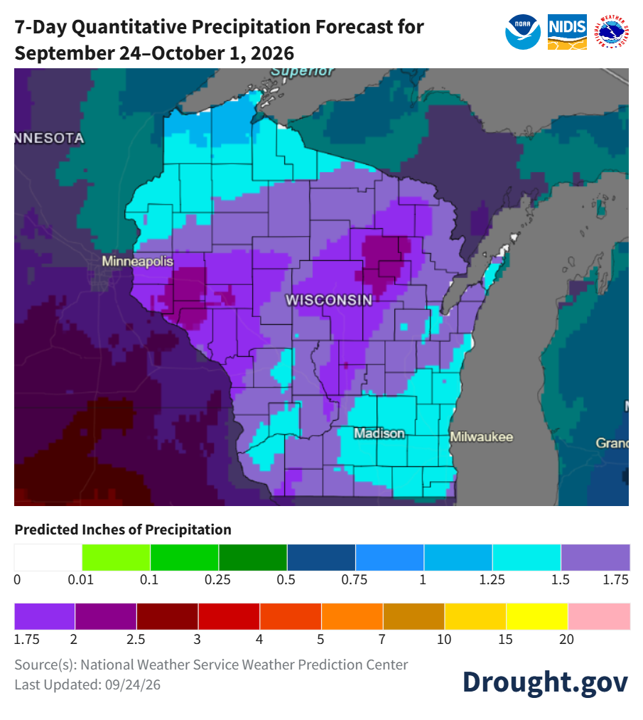  Drought.gov map showing 7-day quantitative precipitation forecast for Wisconsin, Sept 24 to Oct 1, 2026.